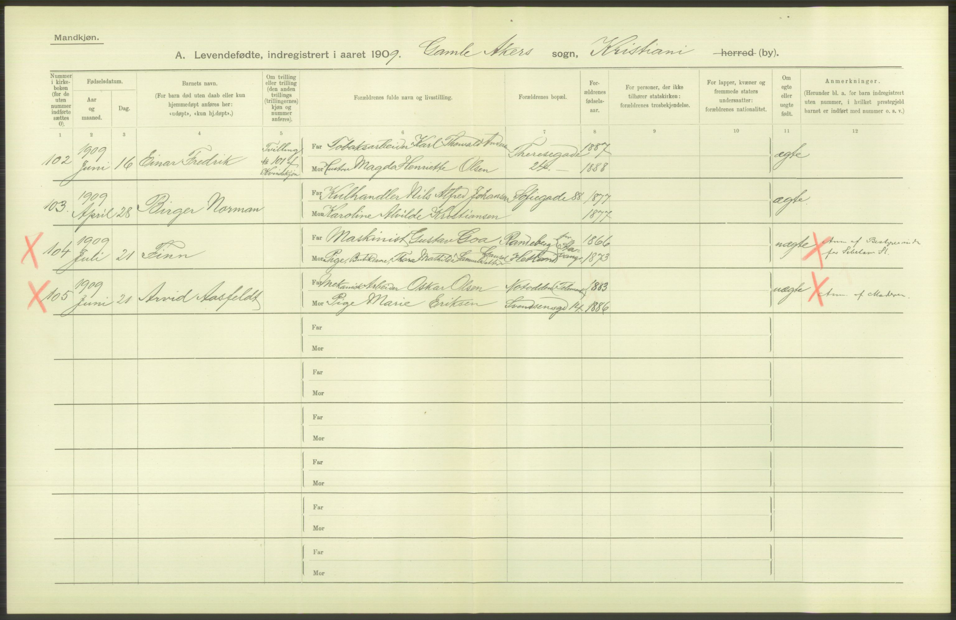 Statistisk sentralbyrå, Sosiodemografiske emner, Befolkning, RA/S-2228/D/Df/Dfa/Dfag/L0007: Kristiania: Levendefødte menn og kvinner., 1909, p. 372