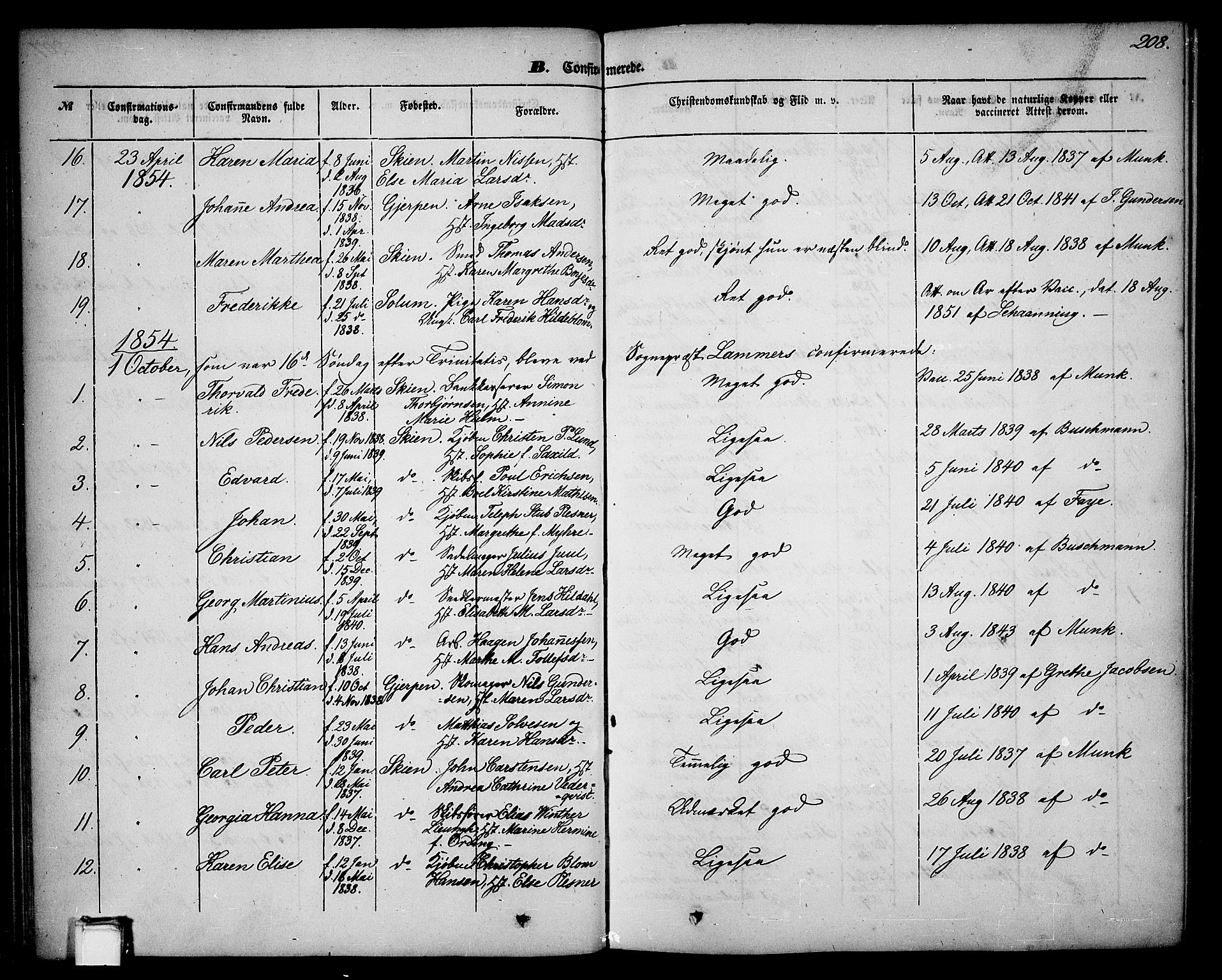 Skien kirkebøker, SAKO/A-302/G/Ga/L0004: Parish register (copy) no. 4, 1843-1867, p. 208