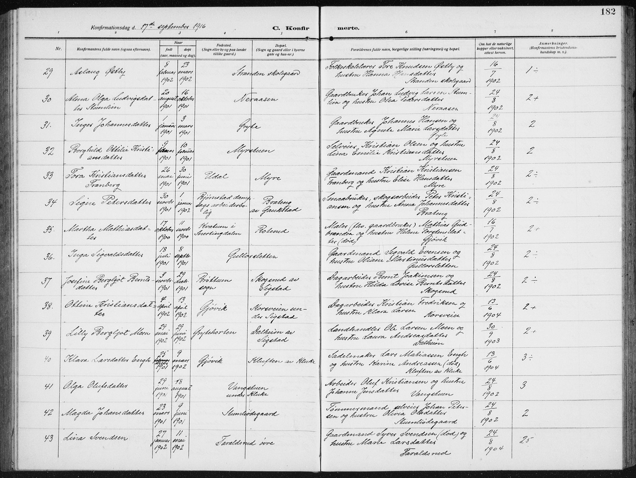 Biri prestekontor, AV/SAH-PREST-096/H/Ha/Hab/L0006: Parish register (copy) no. 6, 1909-1938, p. 182