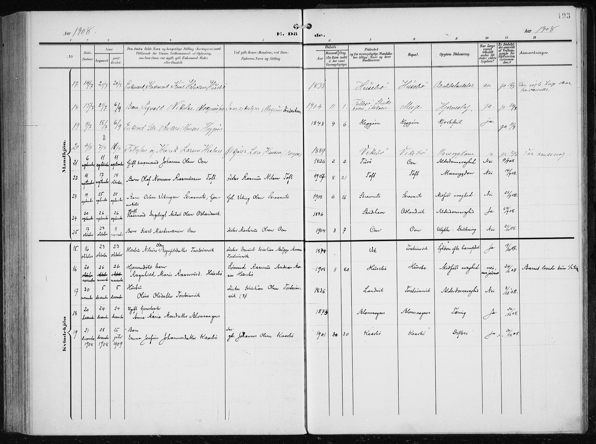 Herdla Sokneprestembete, AV/SAB-A-75701/H/Haa: Parish register (official) no. A 5, 1905-1918, p. 193