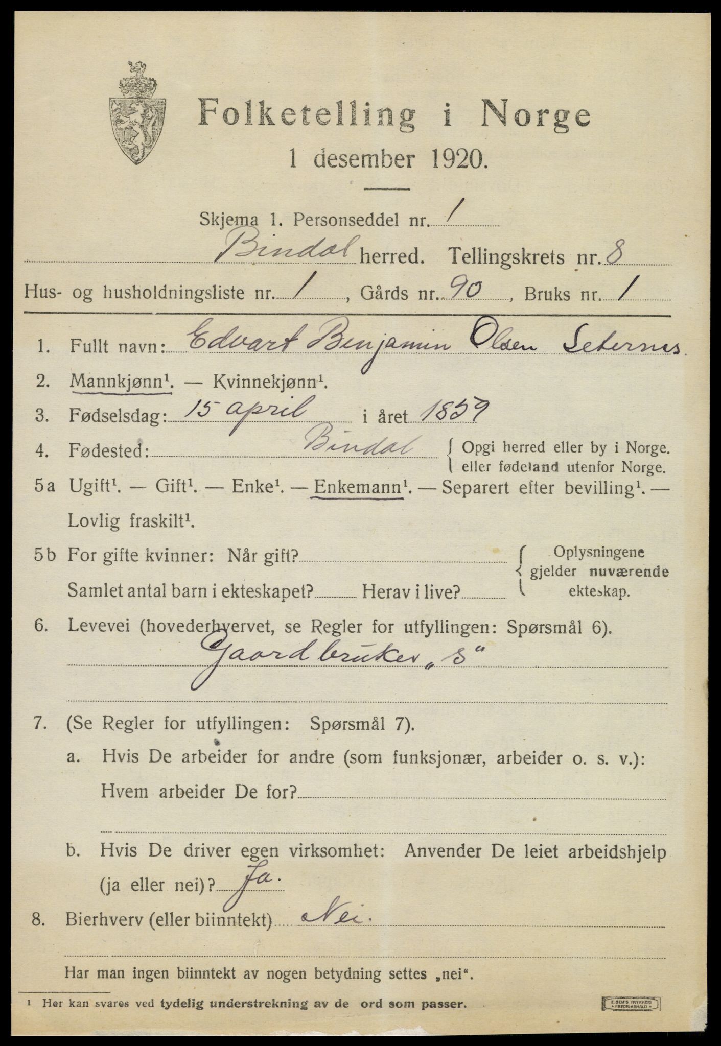 SAT, 1920 census for Bindal, 1920, p. 5897