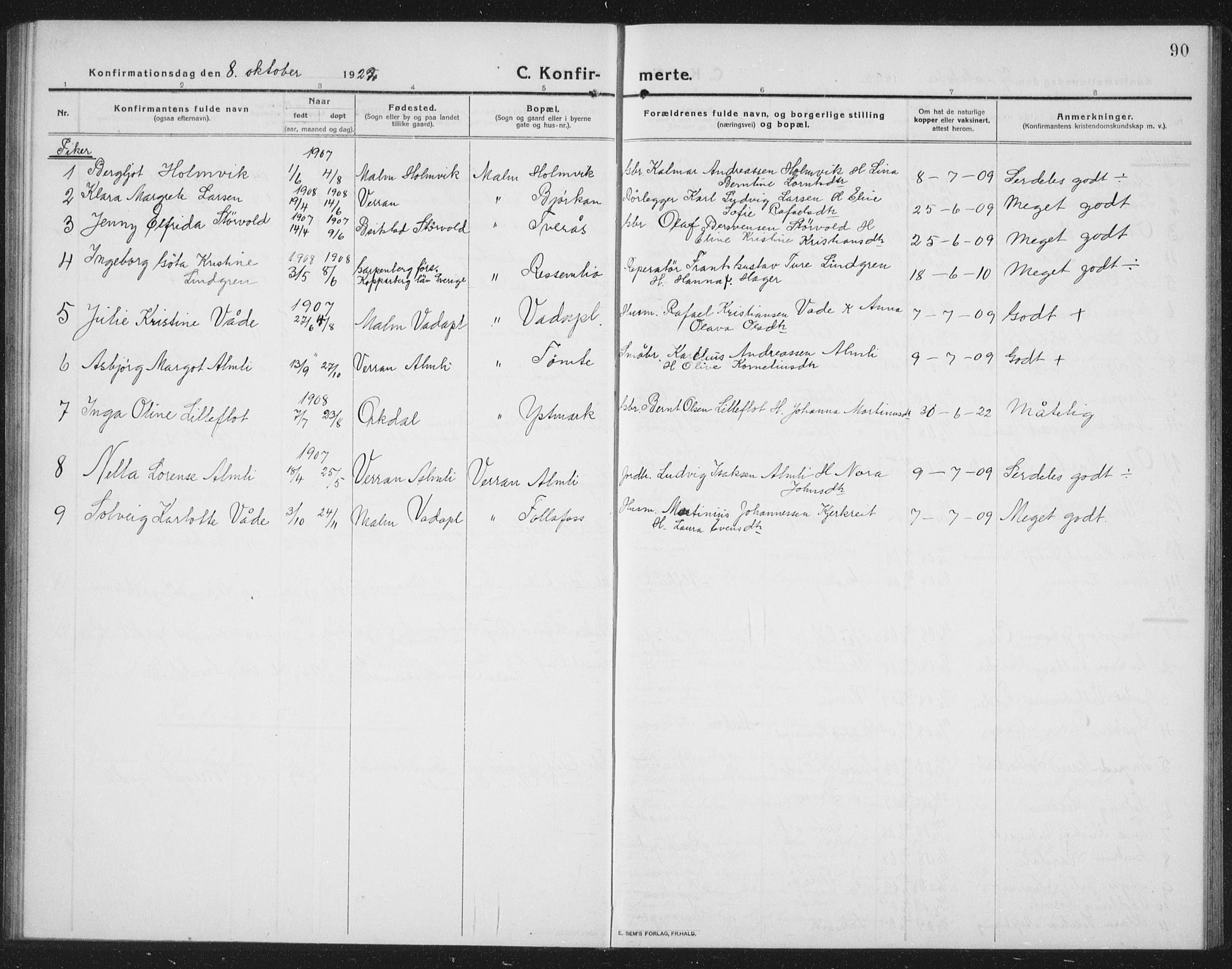 Ministerialprotokoller, klokkerbøker og fødselsregistre - Nord-Trøndelag, SAT/A-1458/745/L0434: Parish register (copy) no. 745C03, 1914-1937, p. 90