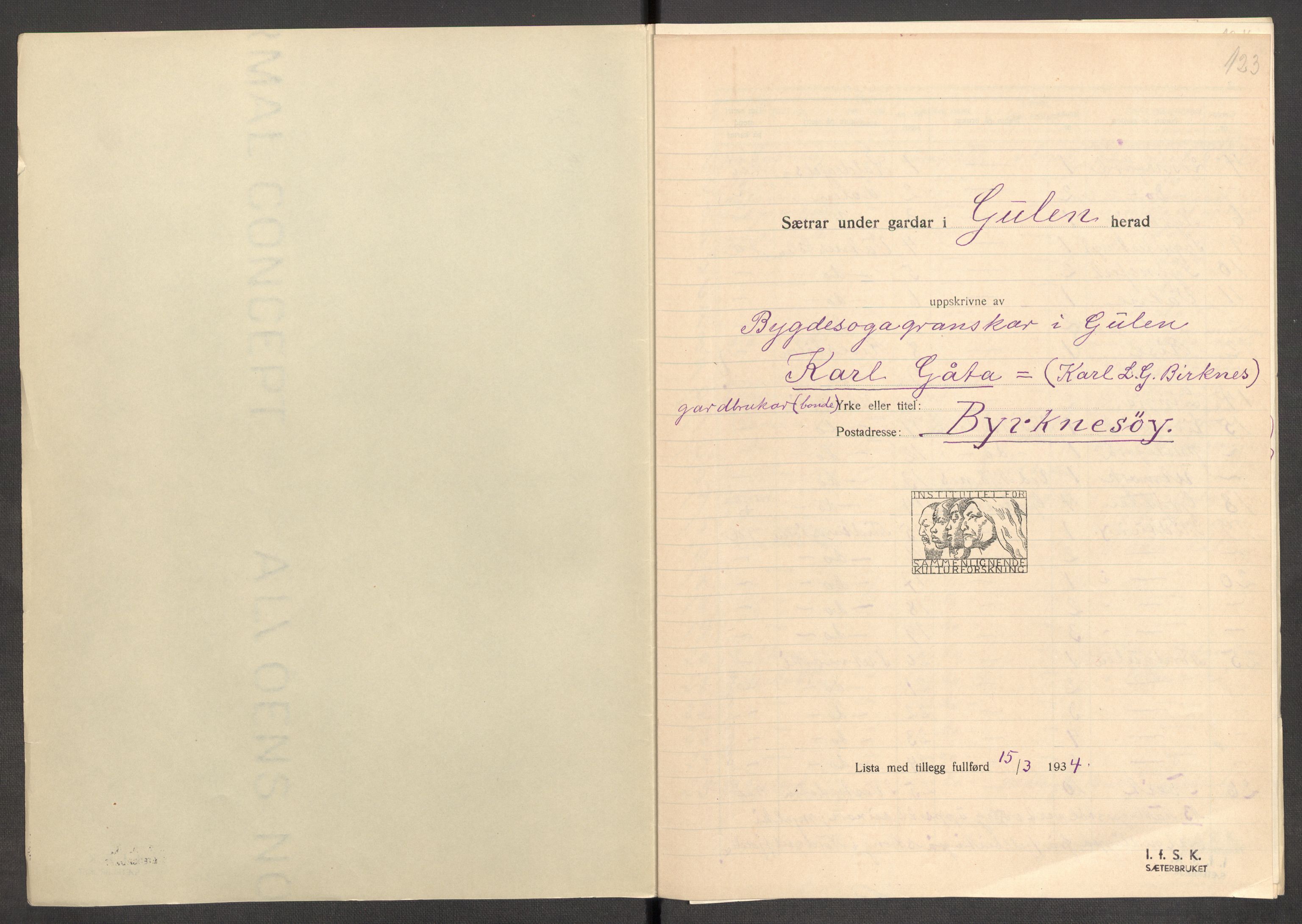 Instituttet for sammenlignende kulturforskning, AV/RA-PA-0424/F/Fc/L0011/0002: Eske B11: / Sogn og Fjordane (perm XXIX), 1934-1937, p. 123