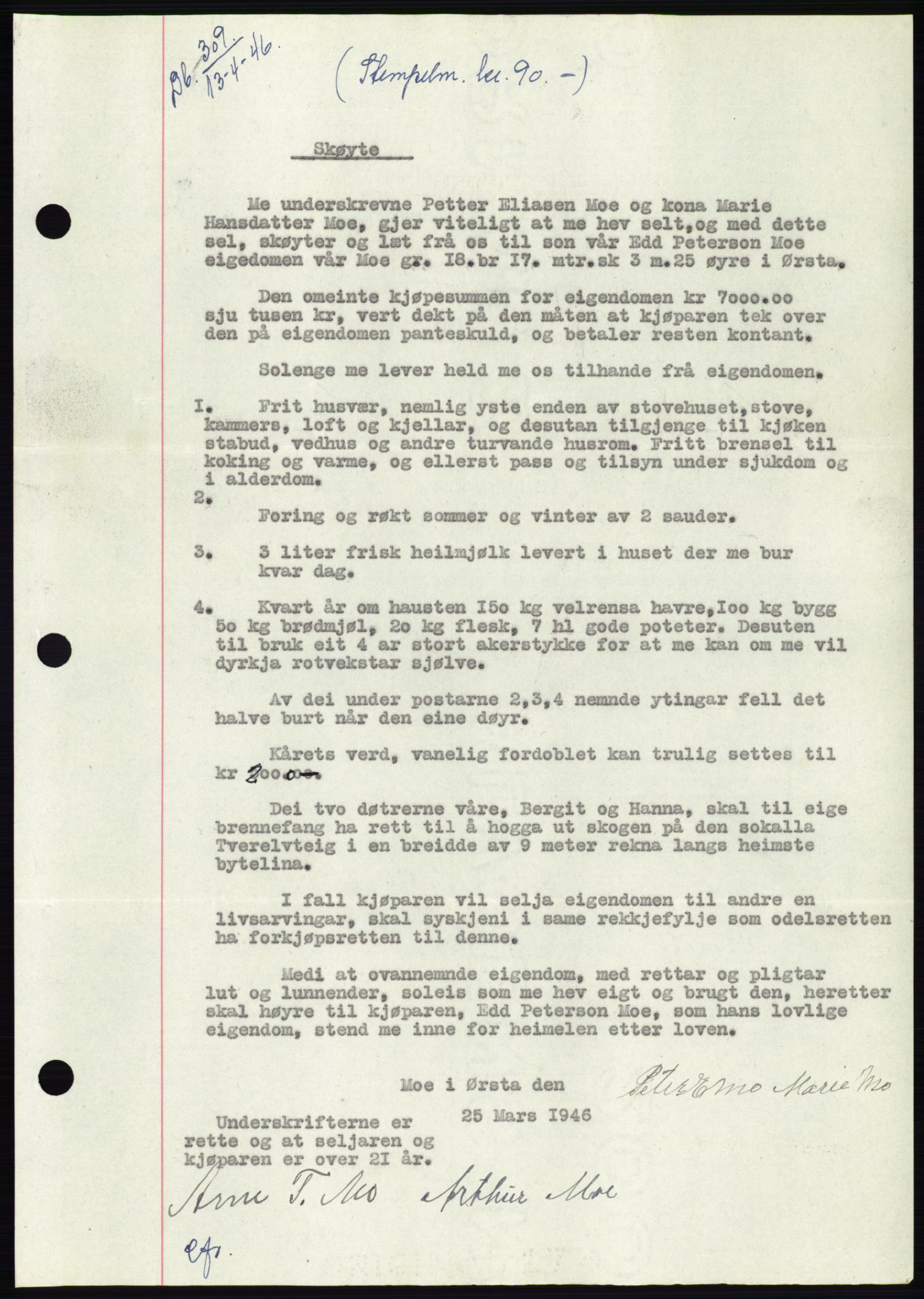 Søre Sunnmøre sorenskriveri, AV/SAT-A-4122/1/2/2C/L0078: Mortgage book no. 4A, 1946-1946, Diary no: : 309/1946