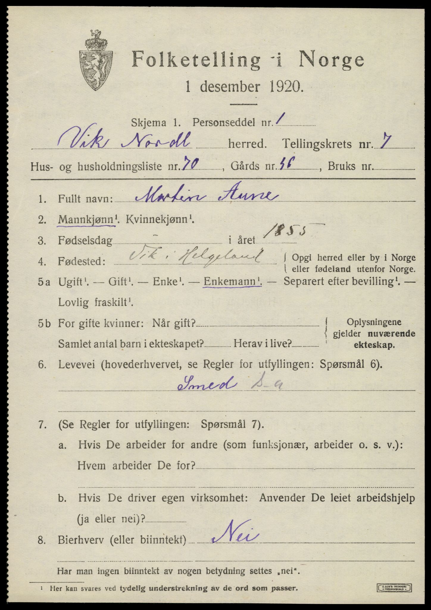 SAT, 1920 census for Vik, 1920, p. 5243