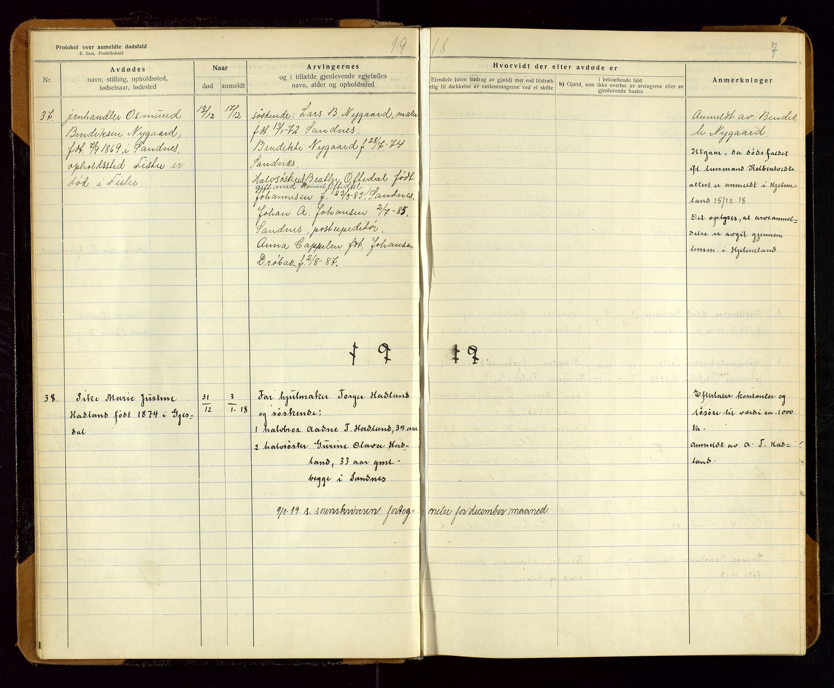 Sandnes lensmannskontor, SAST/A-100167/Gga/L0001: "Protokol over anmeldte dødsfald" m/register, 1918-1940, p. 7