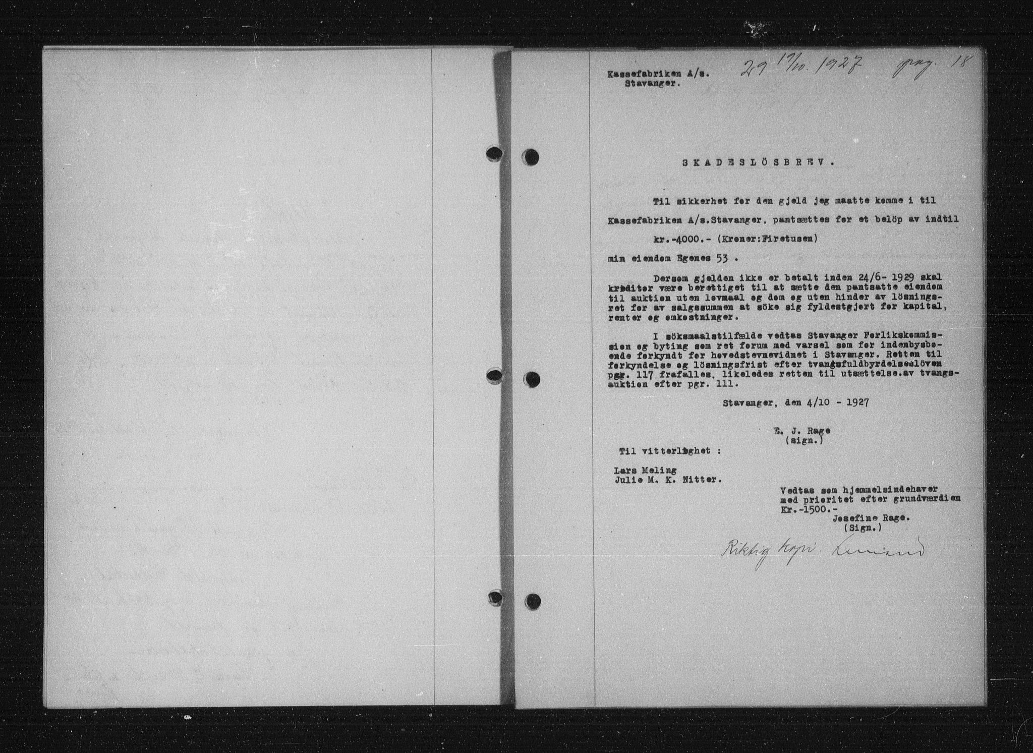 Stavanger byfogd, AV/SAST-A-101408/001/4/41/410/410BB/L0053: Mortgage book no. 41, 1927-1928, Deed date: 19.10.1927