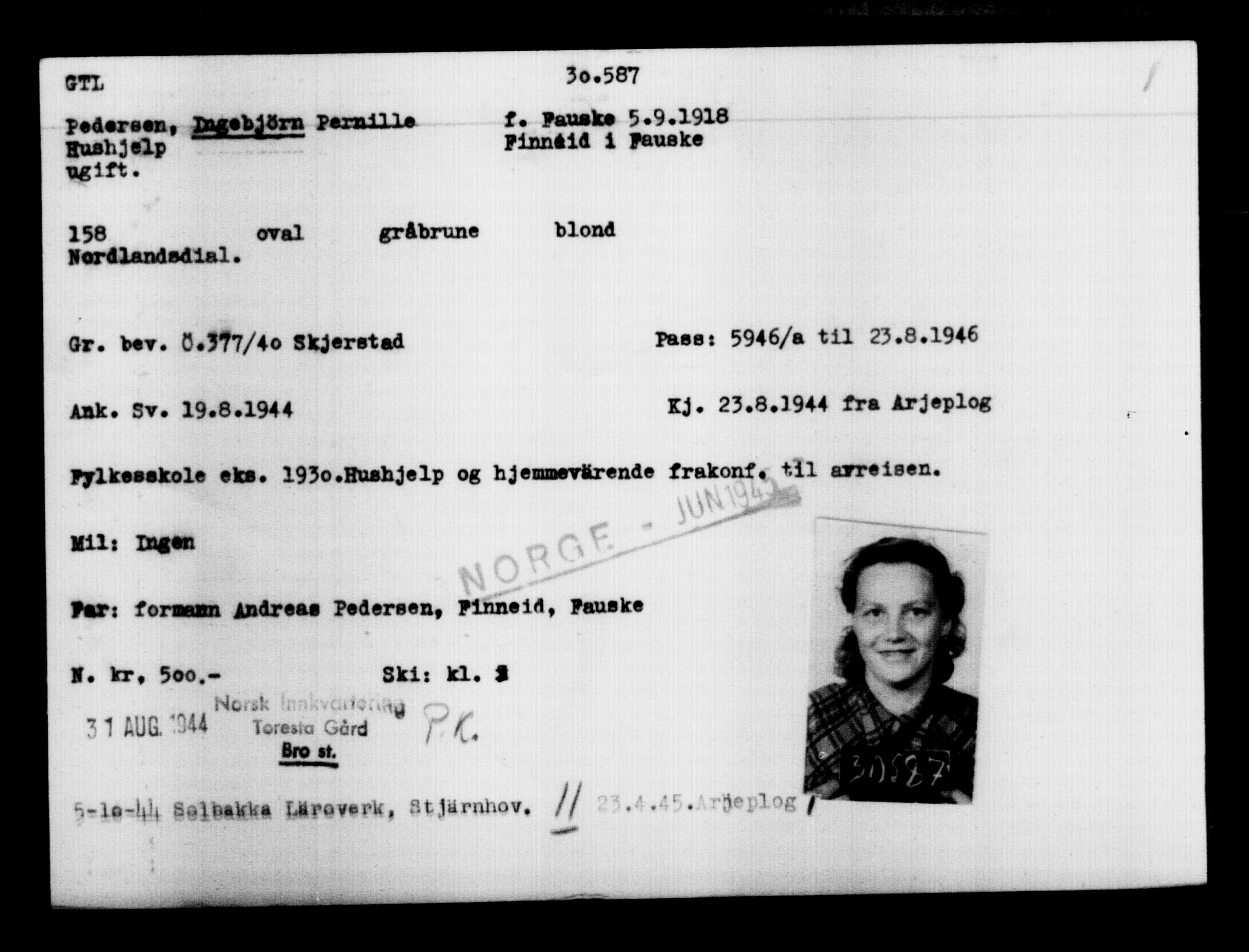Utenriksstasjonene, Legasjonen i Stockholm, Flyktningkontoret, AV/RA-S-6753/V/Va/L0012: Kjesäterkartoteket, flyktninger med registreringsnr. 28300-31566, 1940-1945, p. 2493