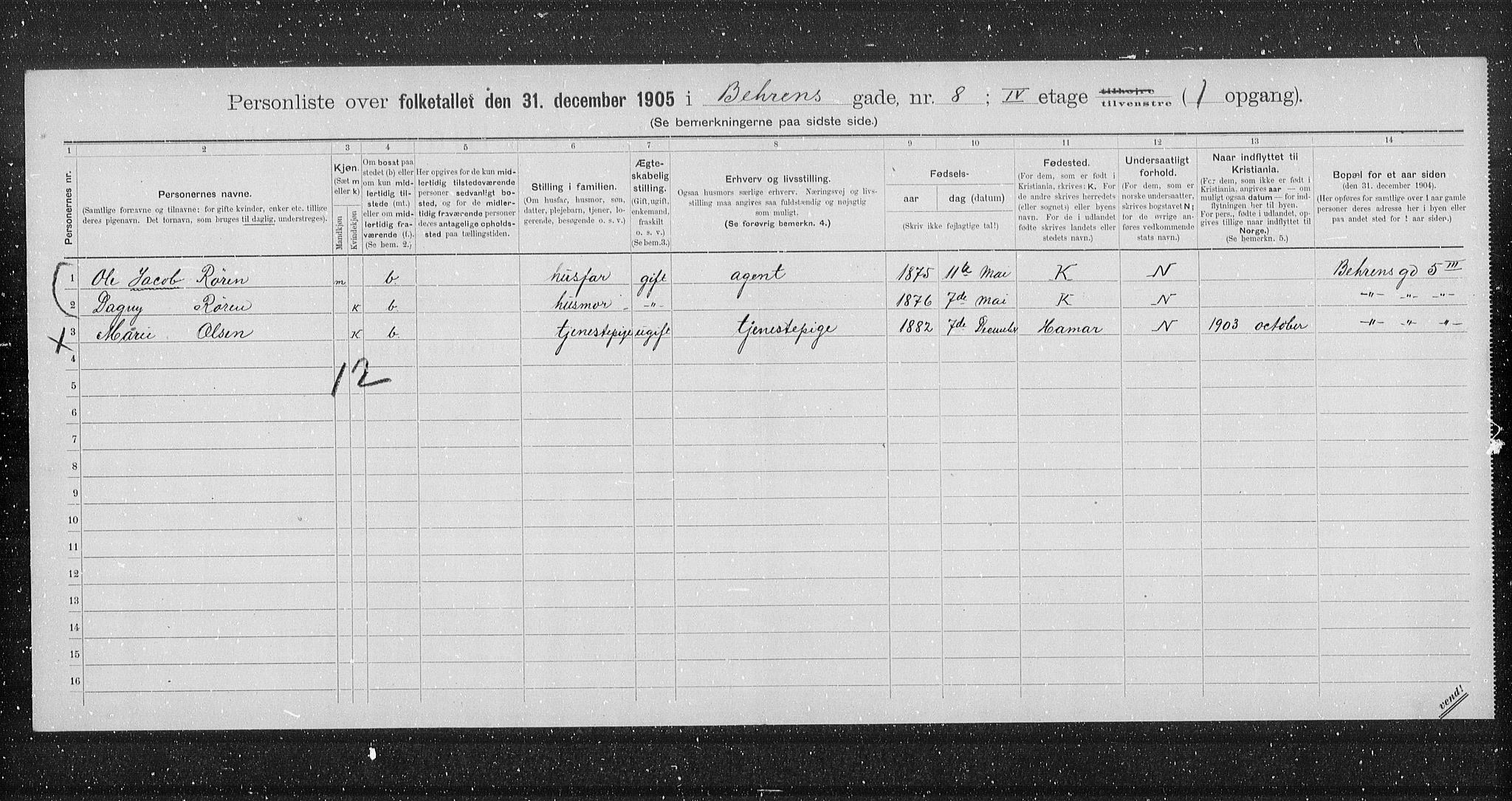 OBA, Municipal Census 1905 for Kristiania, 1905, p. 1760