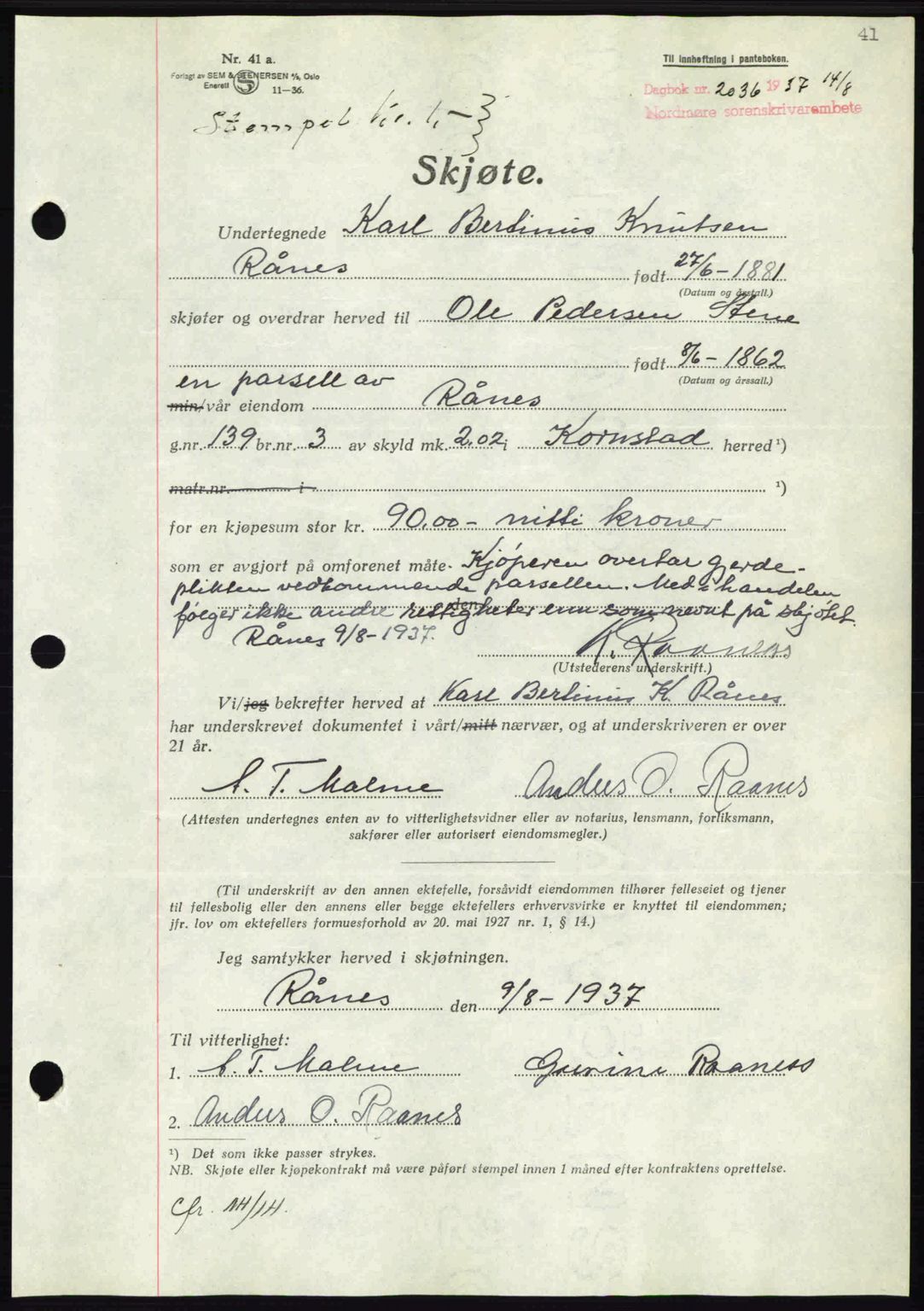Nordmøre sorenskriveri, AV/SAT-A-4132/1/2/2Ca: Mortgage book no. A82, 1937-1938, Diary no: : 2036/1937