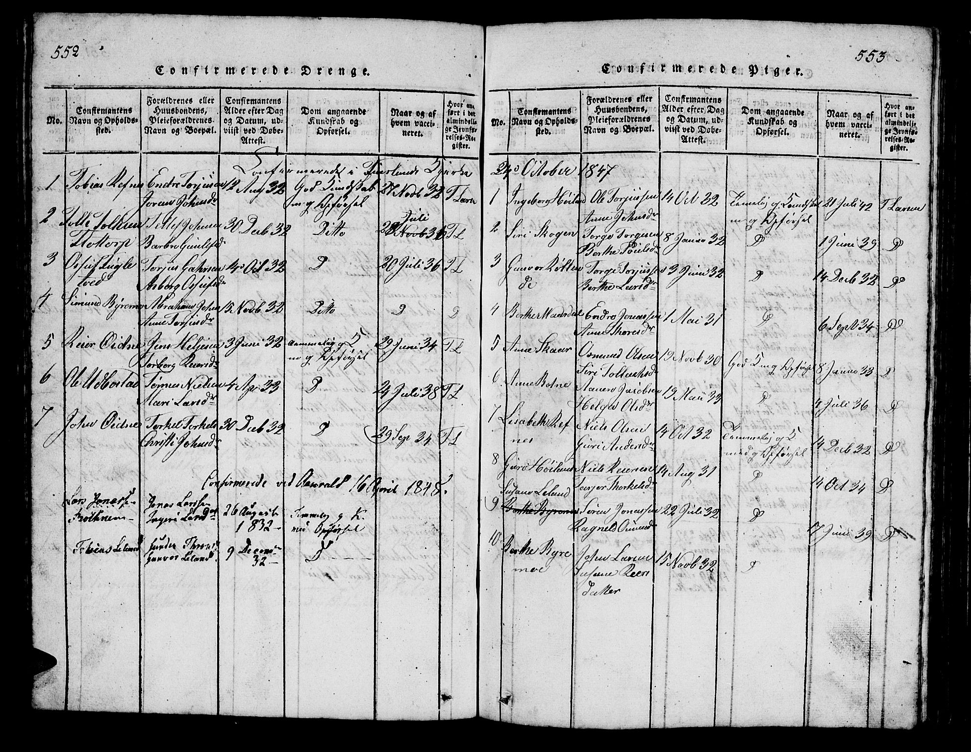 Bjelland sokneprestkontor, AV/SAK-1111-0005/F/Fb/Fbc/L0001: Parish register (copy) no. B 1, 1815-1870, p. 552-553