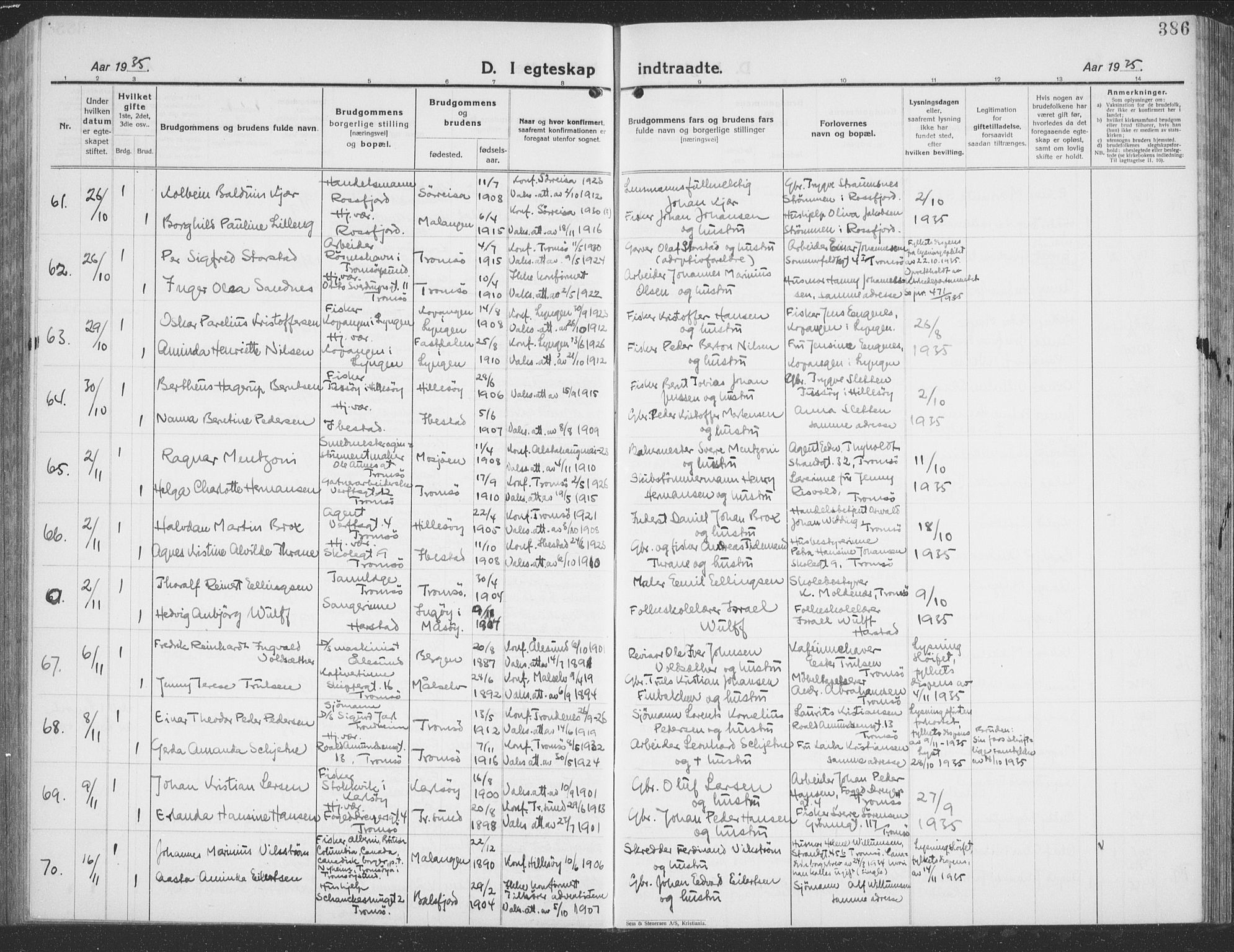 Tromsø sokneprestkontor/stiftsprosti/domprosti, SATØ/S-1343/G/Gb/L0010klokker: Parish register (copy) no. 10, 1925-1937, p. 386