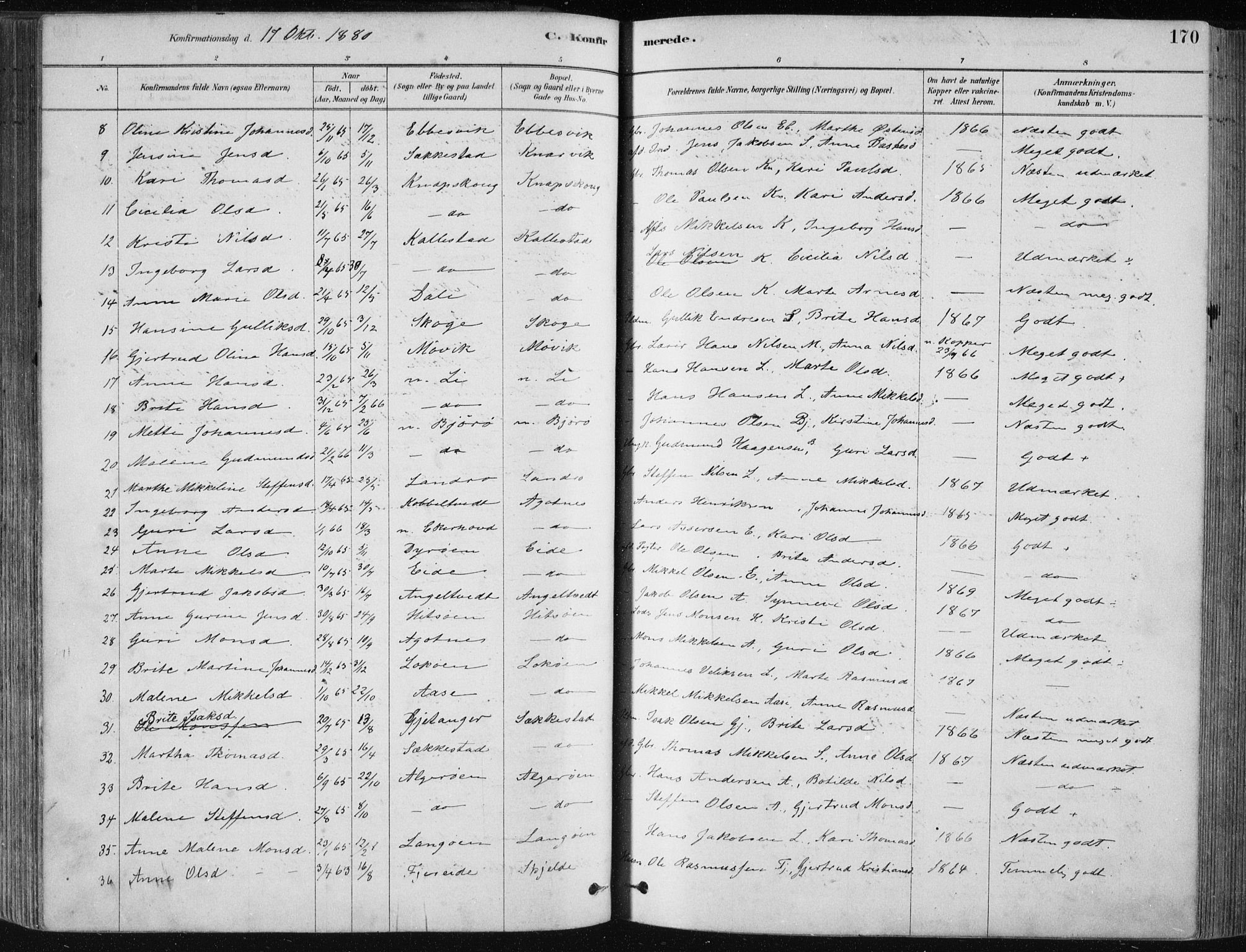 Fjell sokneprestembete, AV/SAB-A-75301/H/Haa: Parish register (official) no. A  8, 1878-1898, p. 170