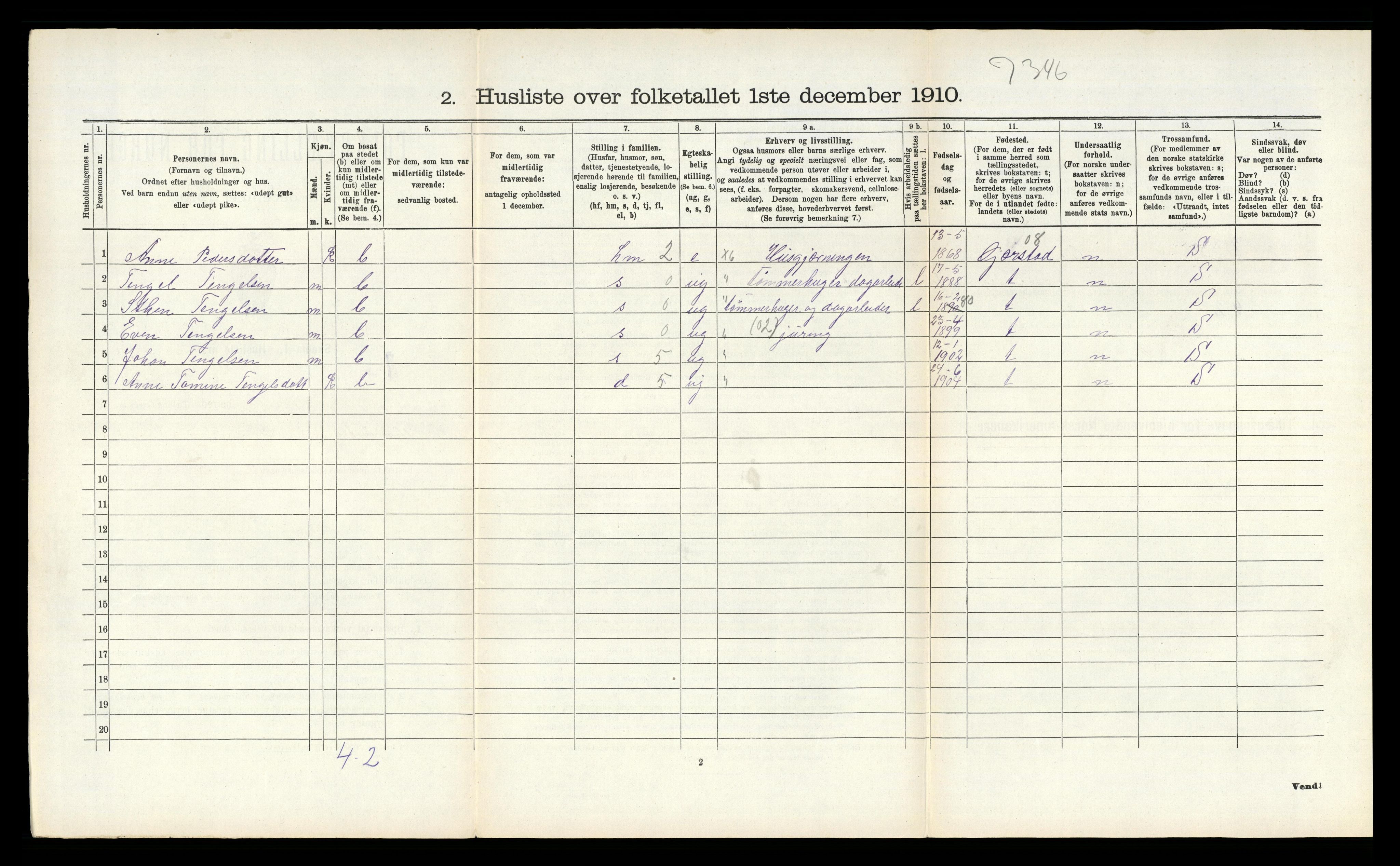 RA, 1910 census for Vegårshei, 1910, p. 293