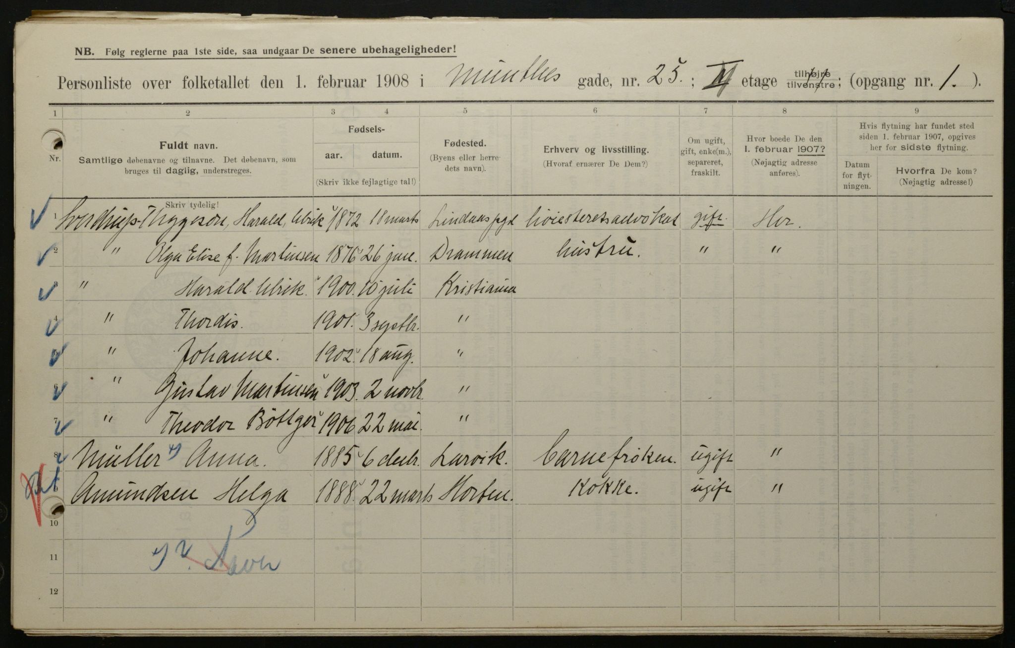 OBA, Municipal Census 1908 for Kristiania, 1908, p. 61012