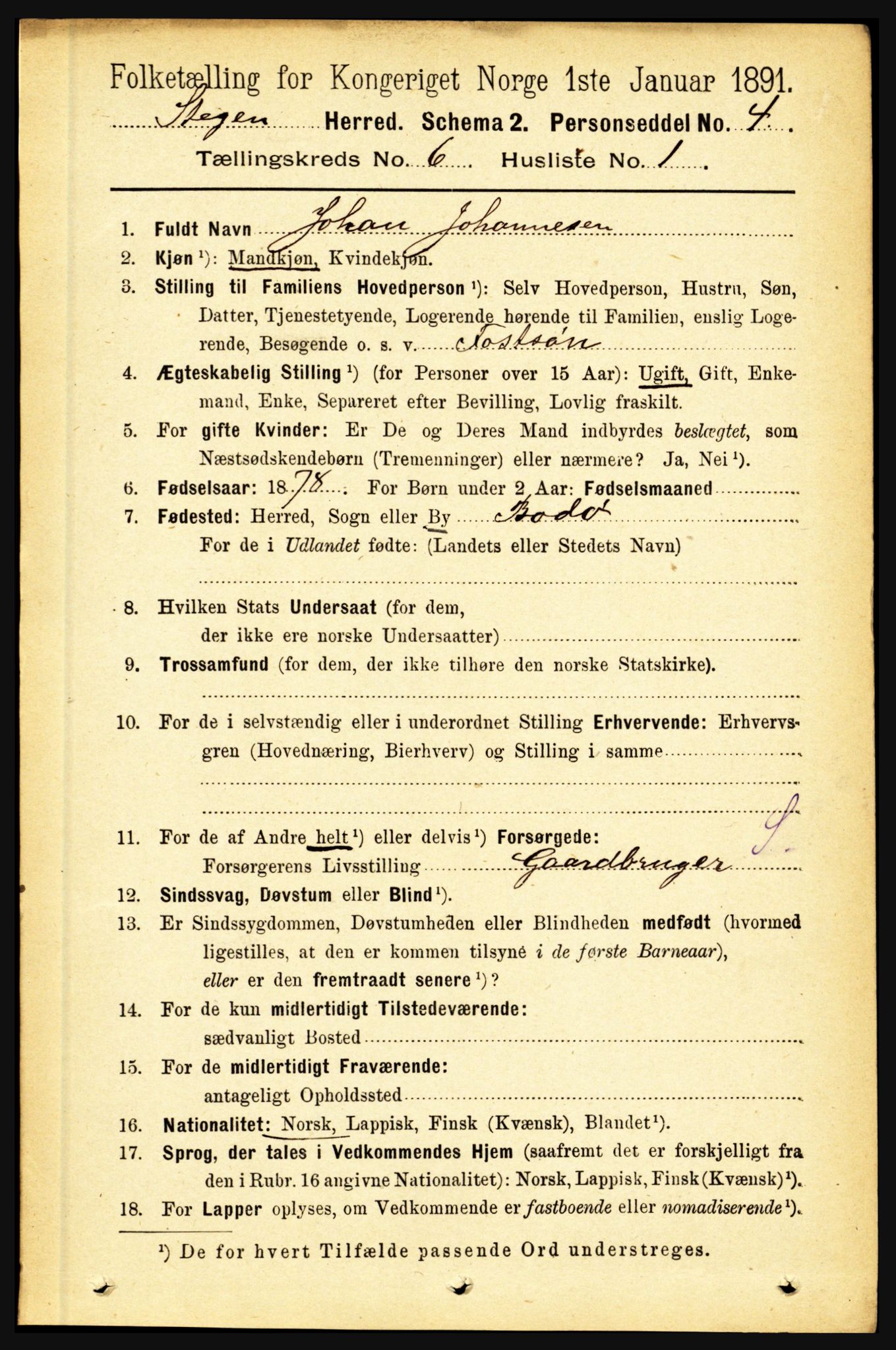 RA, 1891 census for 1848 Steigen, 1891, p. 2028