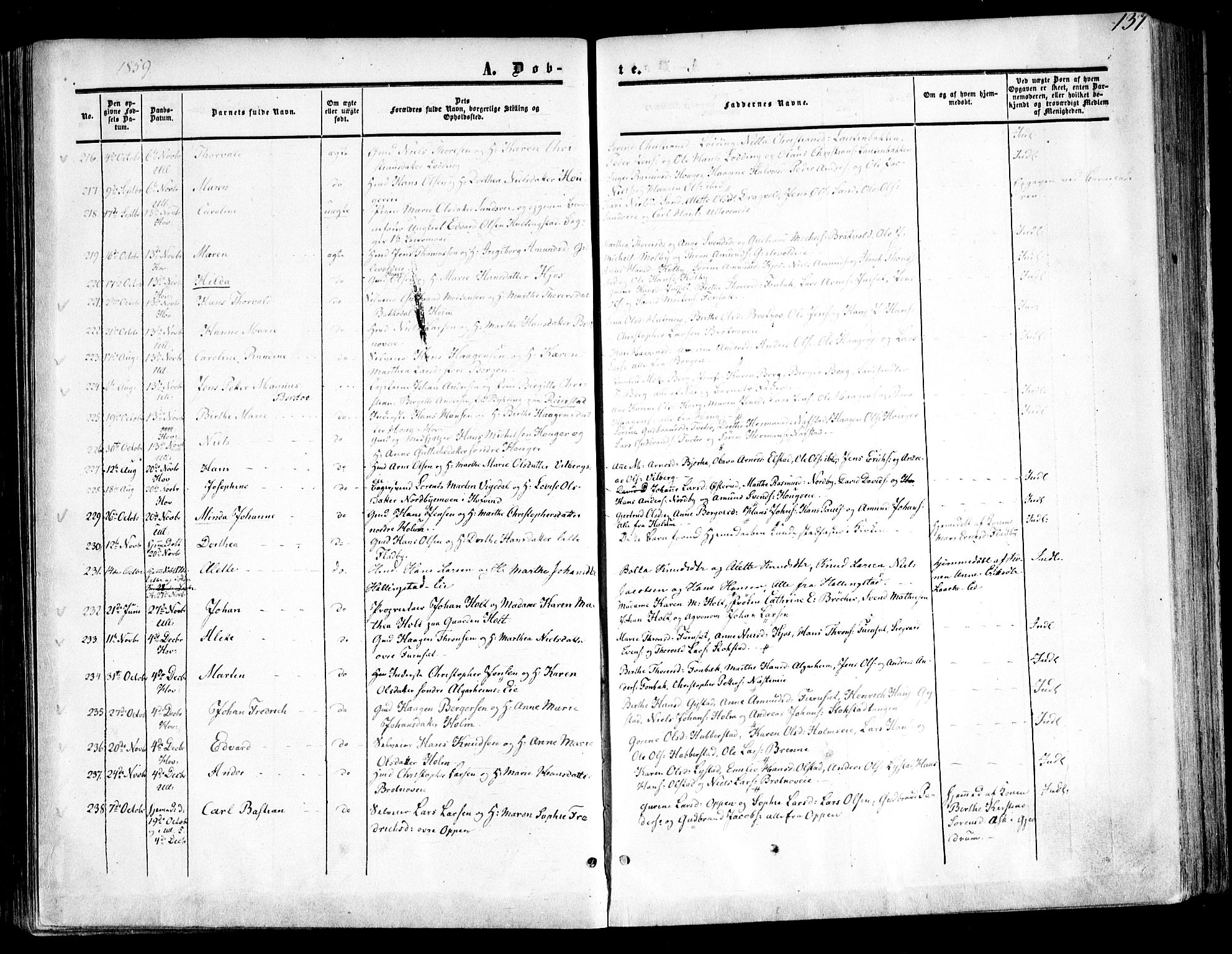 Ullensaker prestekontor Kirkebøker, AV/SAO-A-10236a/F/Fa/L0015.a: Parish register (official) no. I 15A, 1851-1862, p. 137