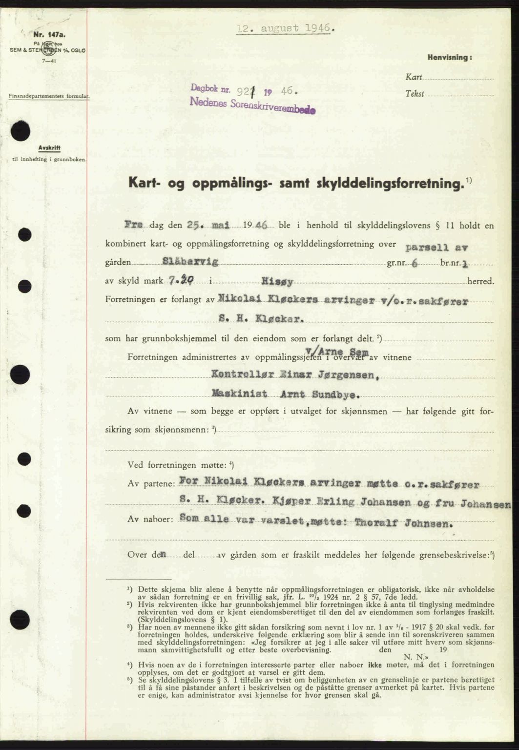 Nedenes sorenskriveri, AV/SAK-1221-0006/G/Gb/Gba/L0055: Mortgage book no. A7, 1946-1946, Diary no: : 921/1946