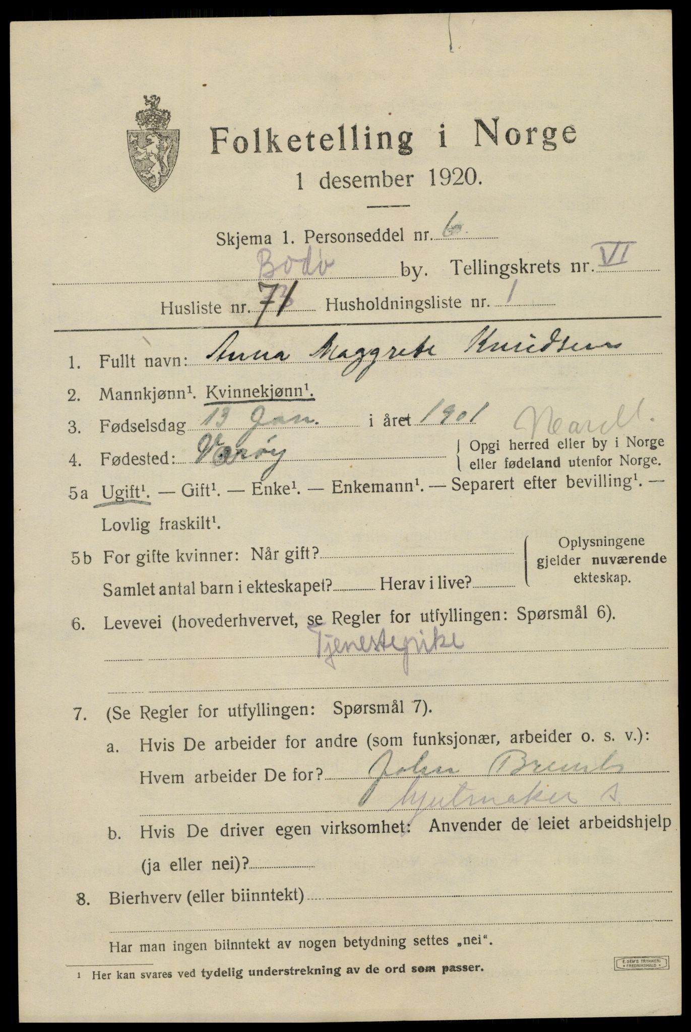 SAT, 1920 census for Bodø, 1920, p. 11091