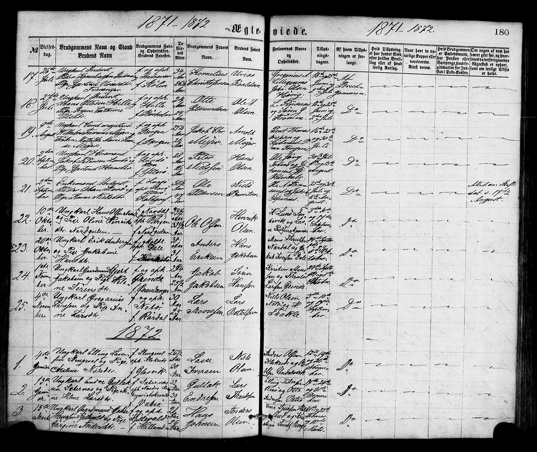 Gulen sokneprestembete, AV/SAB-A-80201/H/Haa/Haaa/L0023: Parish register (official) no. A 23, 1870-1880, p. 180