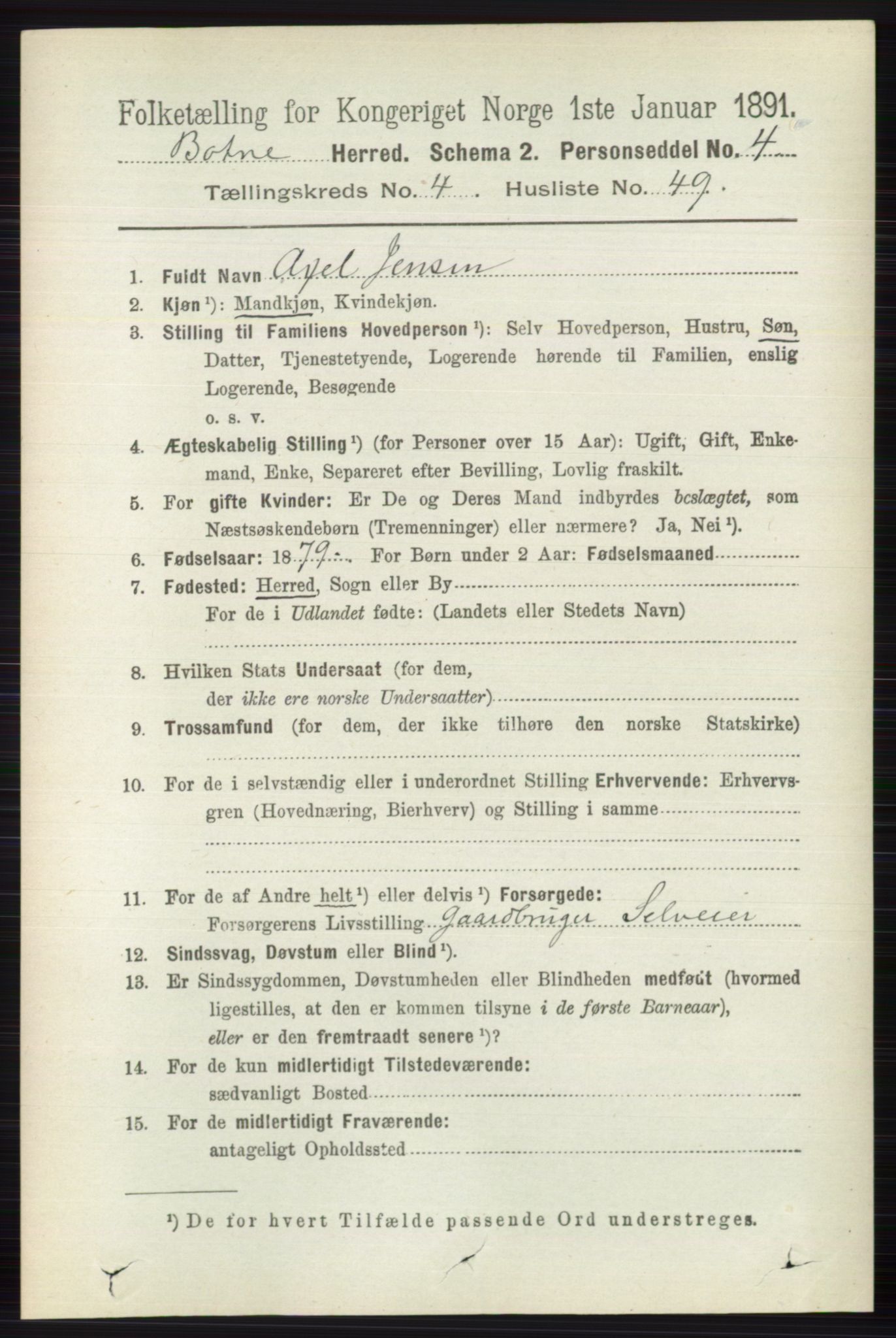 RA, 1891 census for 0715 Botne, 1891, p. 1883