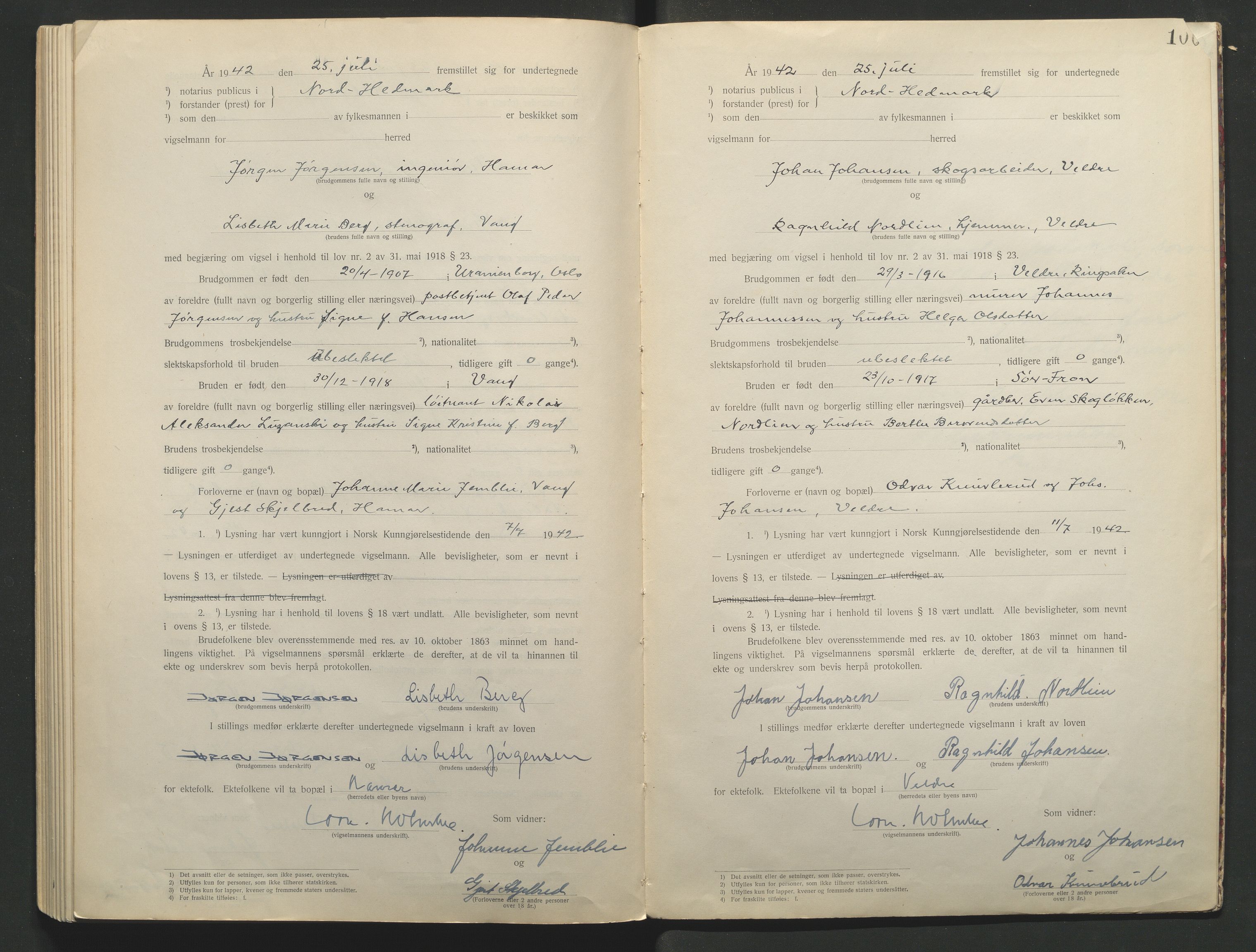 Nord-Hedmark sorenskriveri, AV/SAH-TING-012/L/Lc/L0001/0001: Vigselsprotokoller / Vigselsprotokoll, 1920-1942, p. 100