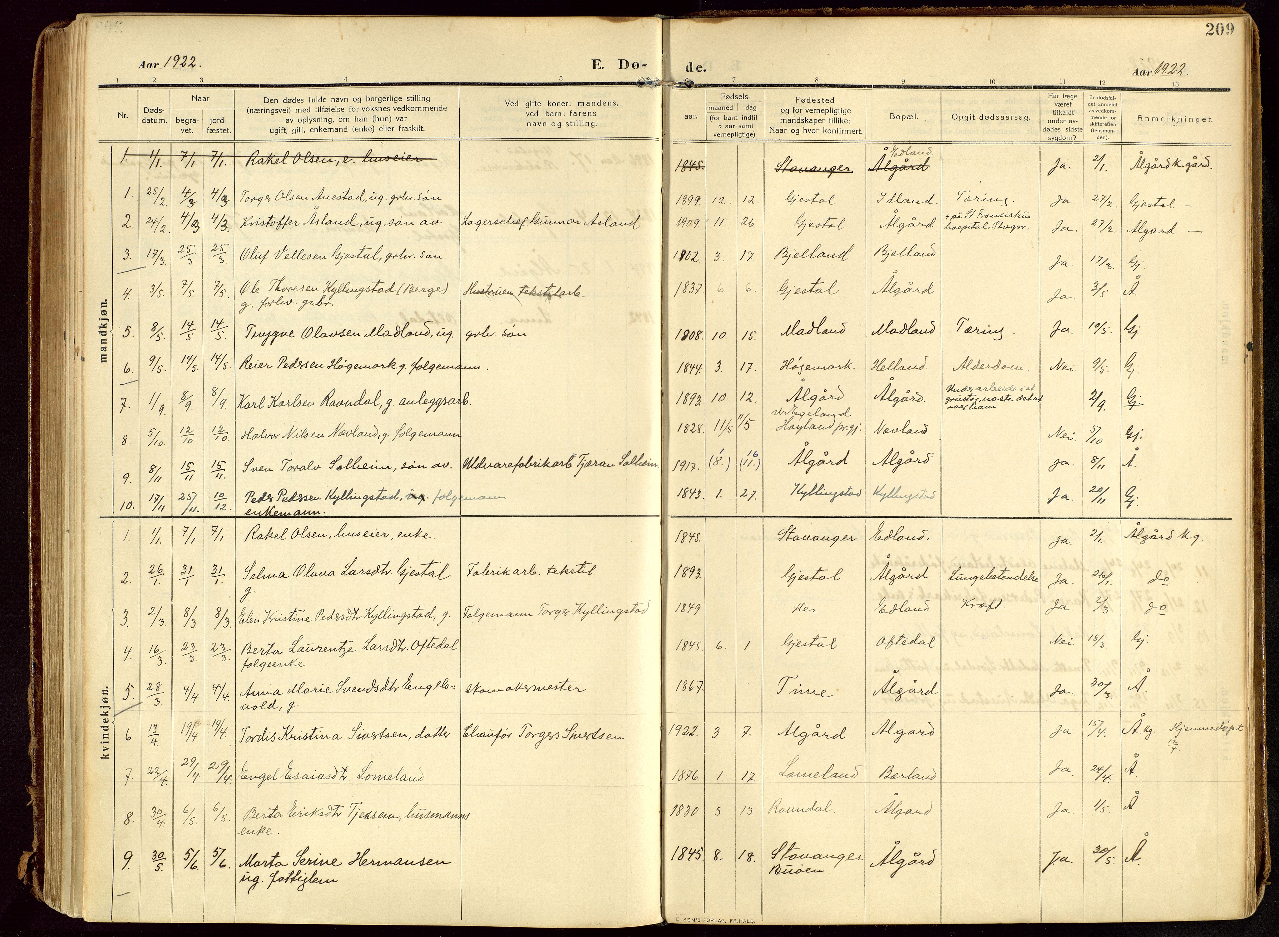 Lye sokneprestkontor, SAST/A-101794/002/B/L0001: Parish register (official) no. A 13, 1910-1925, p. 209