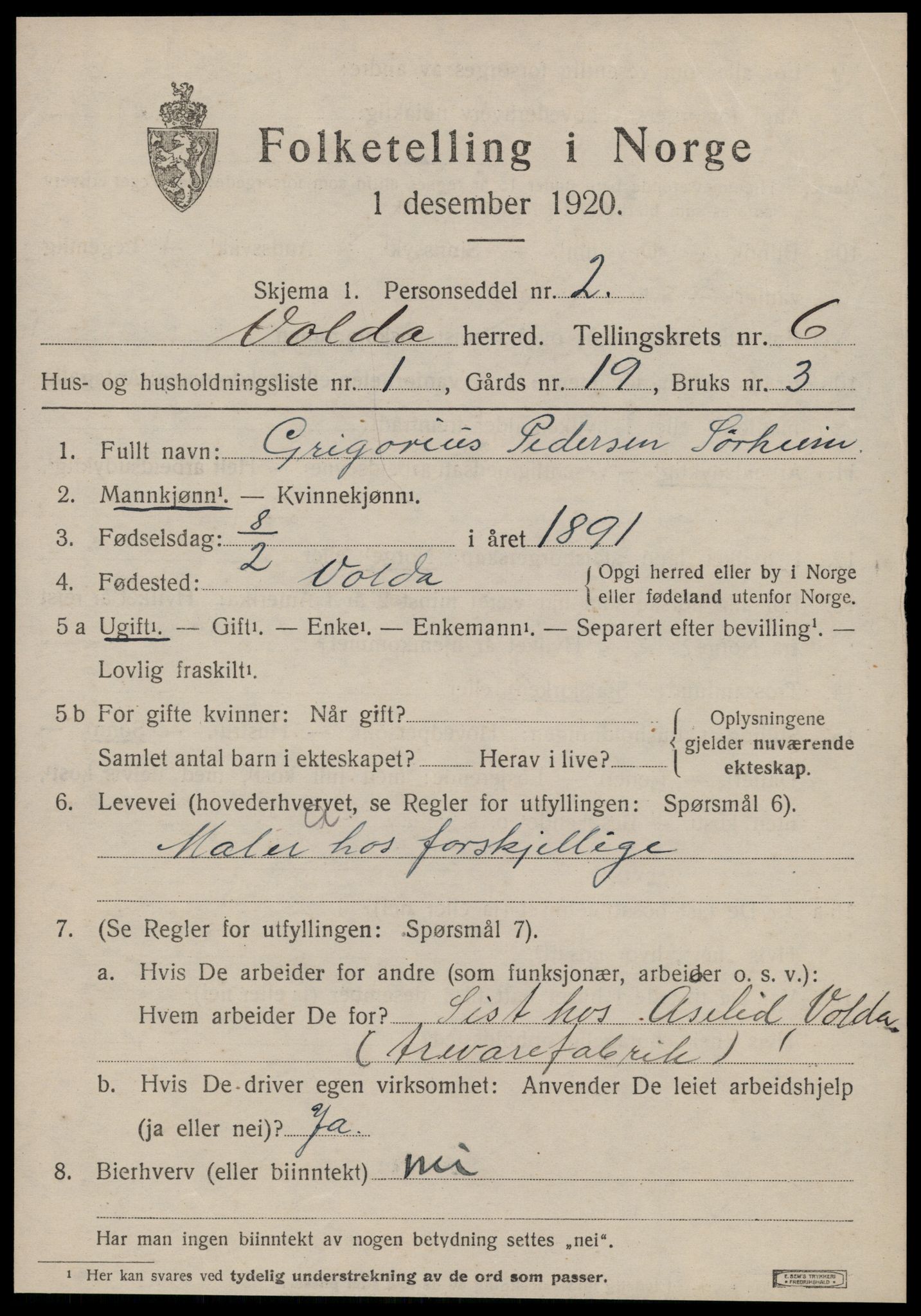 SAT, 1920 census for Volda, 1920, p. 5012