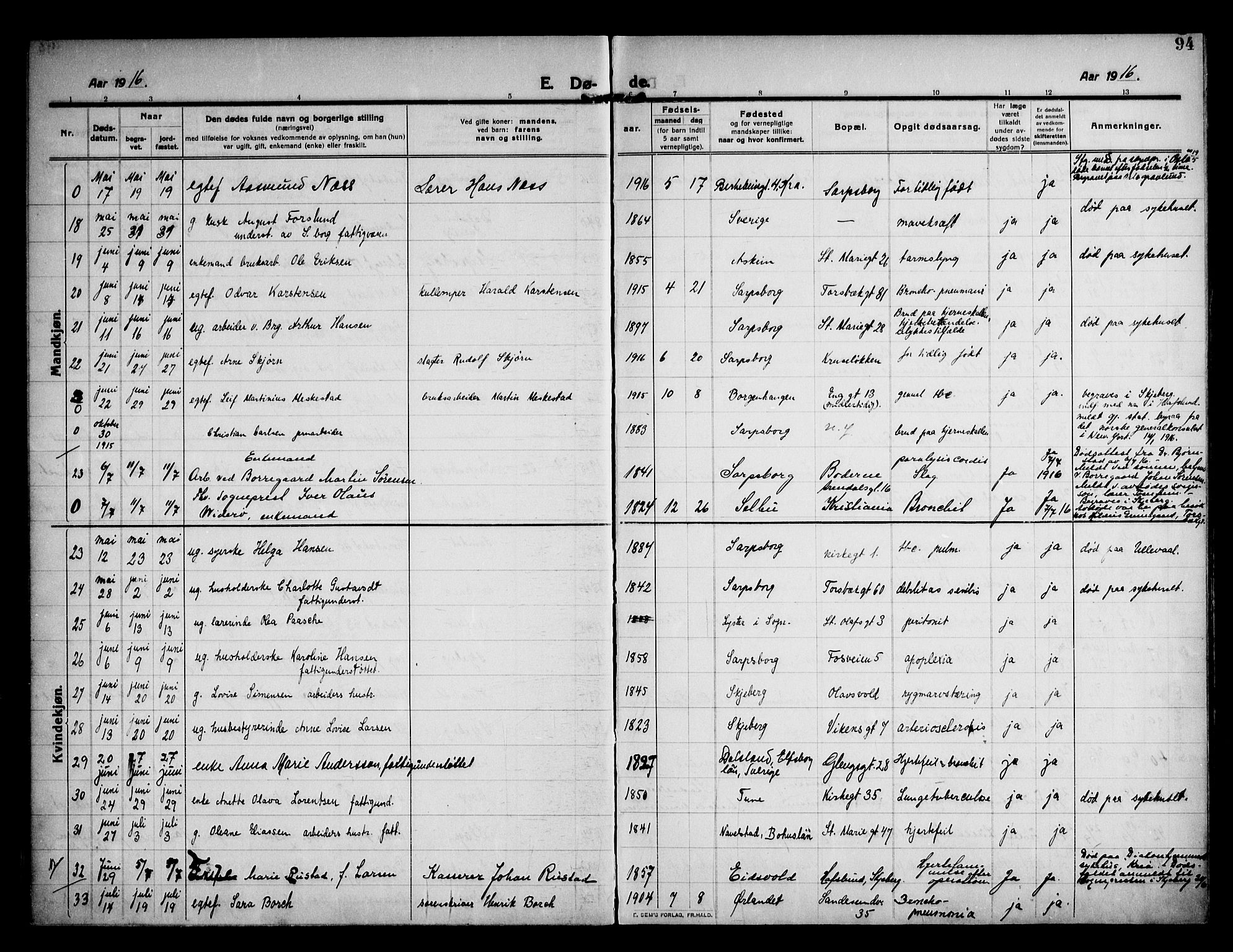 Sarpsborg prestekontor Kirkebøker, AV/SAO-A-2006/F/Fa/L0007: Parish register (official) no. 7, 1910-1918, p. 94