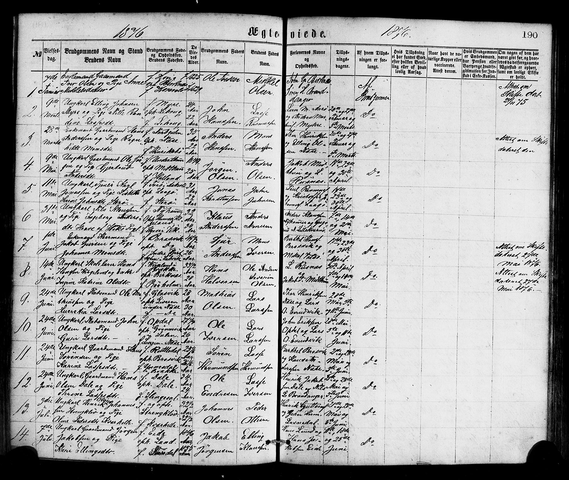 Gulen sokneprestembete, AV/SAB-A-80201/H/Haa/Haaa/L0023: Parish register (official) no. A 23, 1870-1880, p. 190