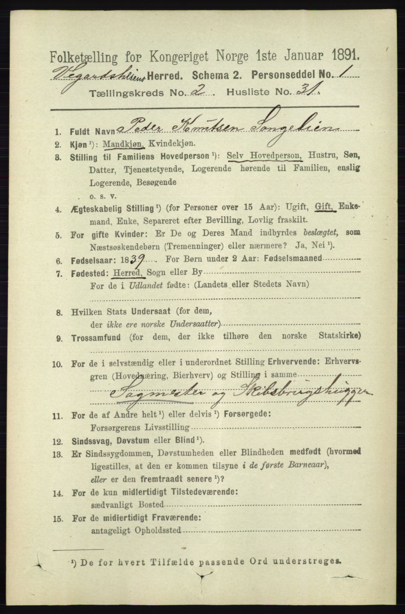 RA, 1891 census for 0912 Vegårshei, 1891, p. 595