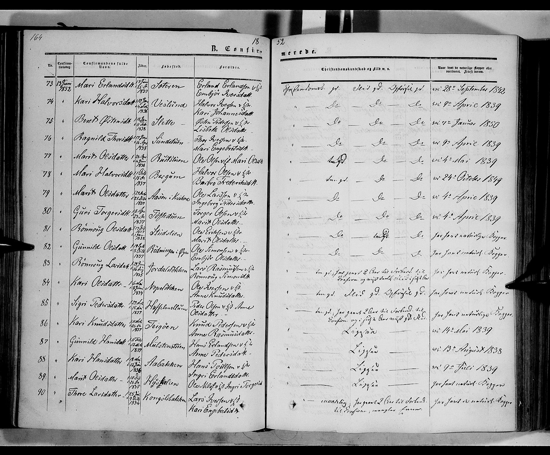 Nord-Fron prestekontor, AV/SAH-PREST-080/H/Ha/Haa/L0001: Parish register (official) no. 1, 1851-1864, p. 164