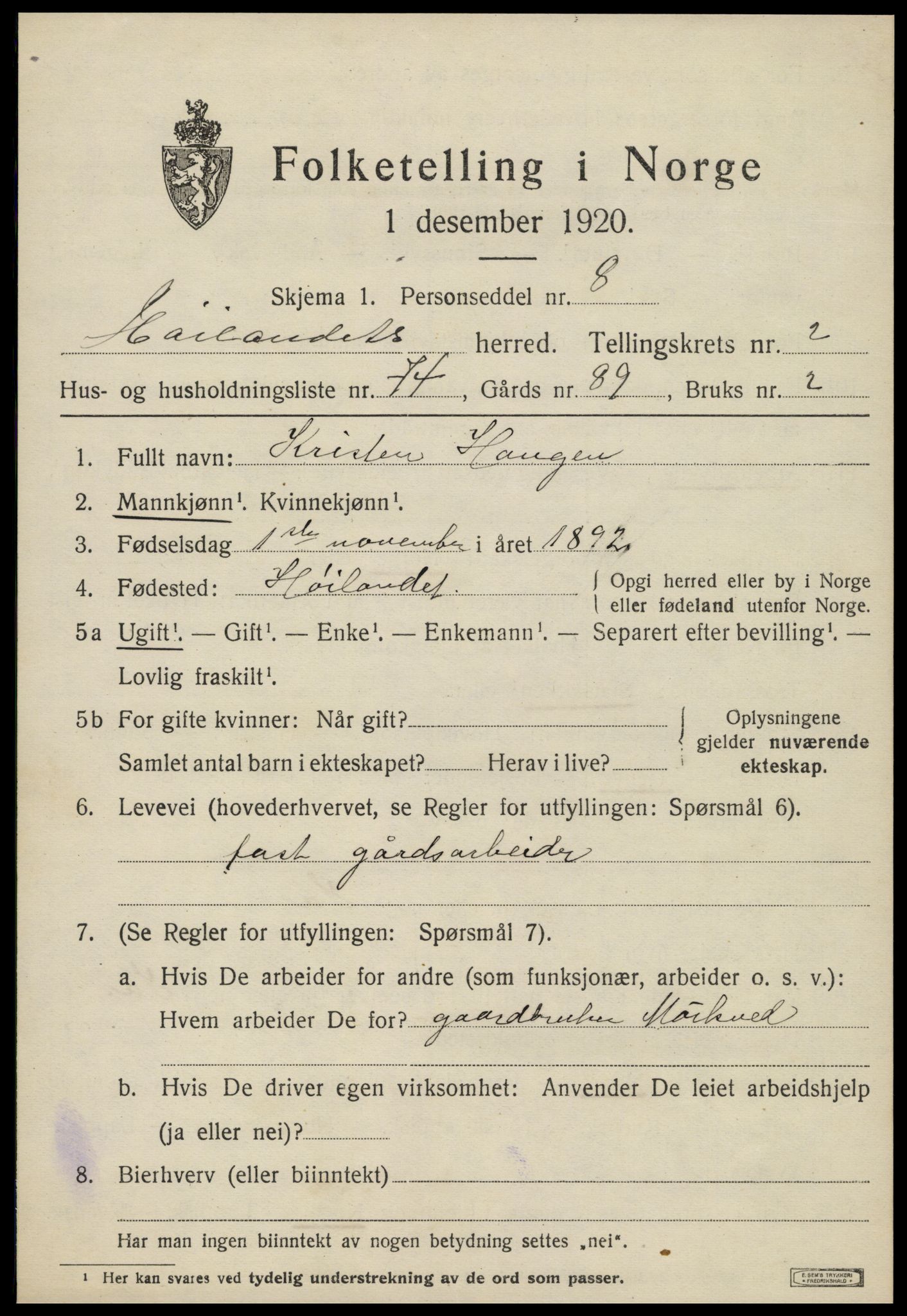 SAT, 1920 census for Høylandet, 1920, p. 1590