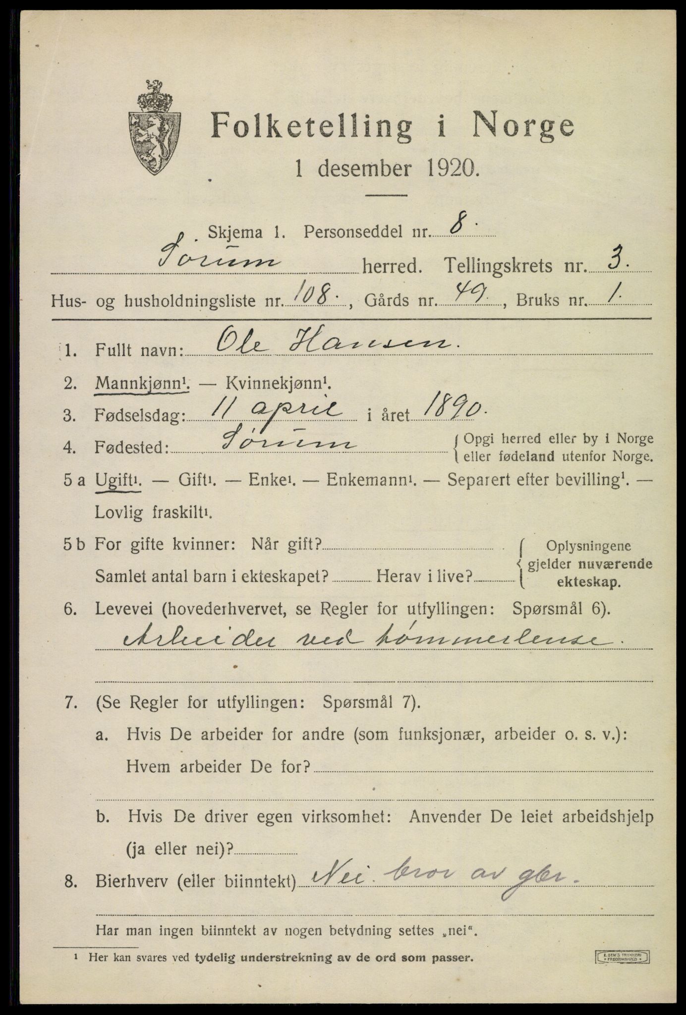 SAO, 1920 census for Sørum, 1920, p. 3403