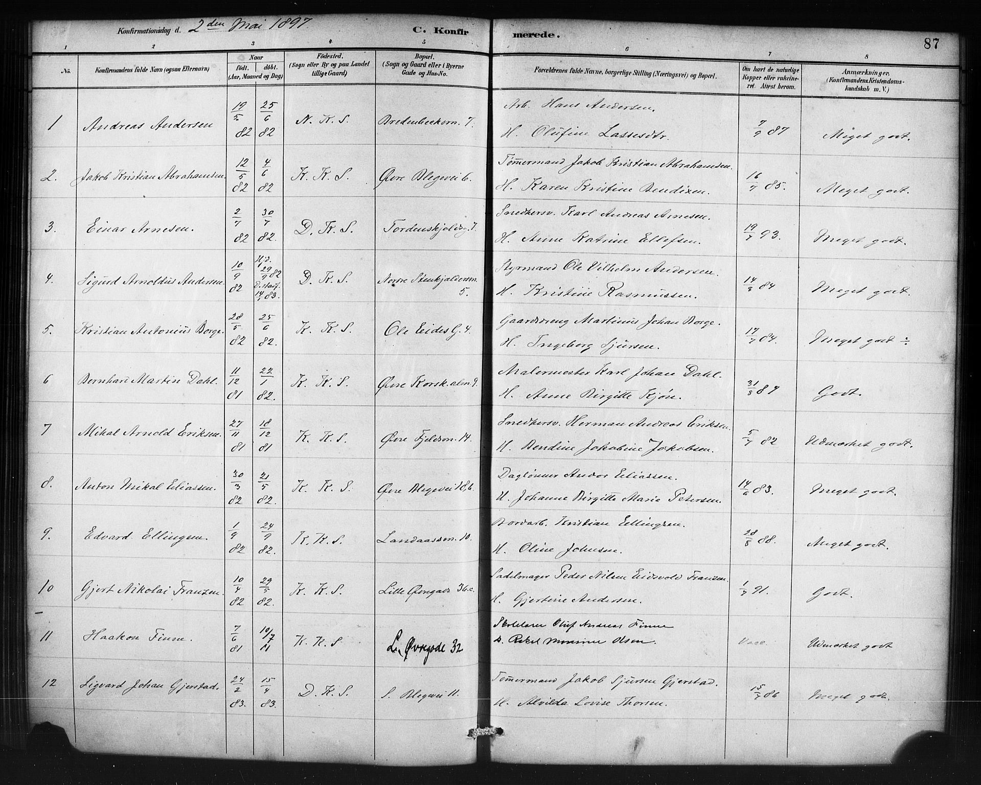 Korskirken sokneprestembete, SAB/A-76101/H/Haa/L0071: Curate's parish register no. A 6, 1885-1912, p. 87