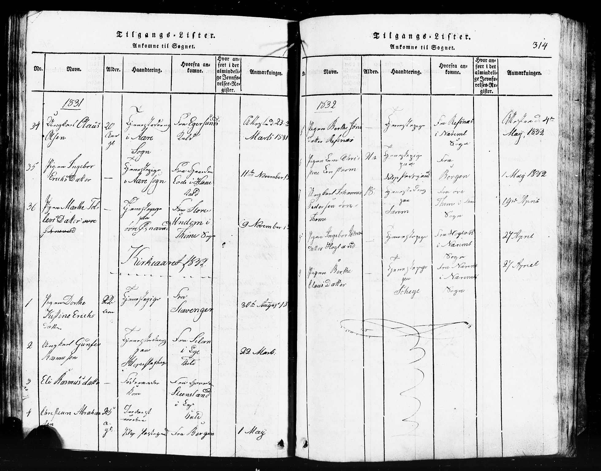 Klepp sokneprestkontor, AV/SAST-A-101803/001/3/30BB/L0001: Parish register (copy) no.  B 1, 1816-1859, p. 314