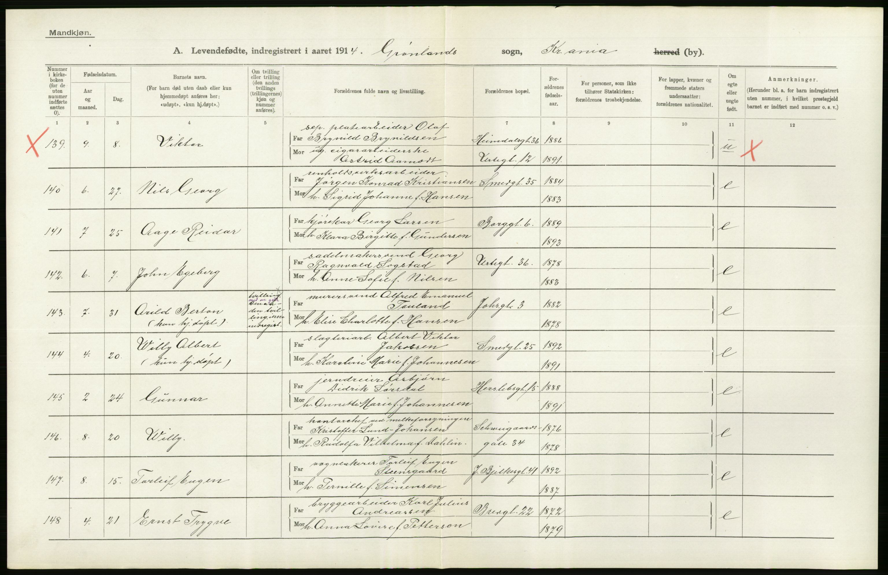 Statistisk sentralbyrå, Sosiodemografiske emner, Befolkning, AV/RA-S-2228/D/Df/Dfb/Dfbd/L0005: Kristiania: Levendefødte menn og kvinner., 1914, p. 608