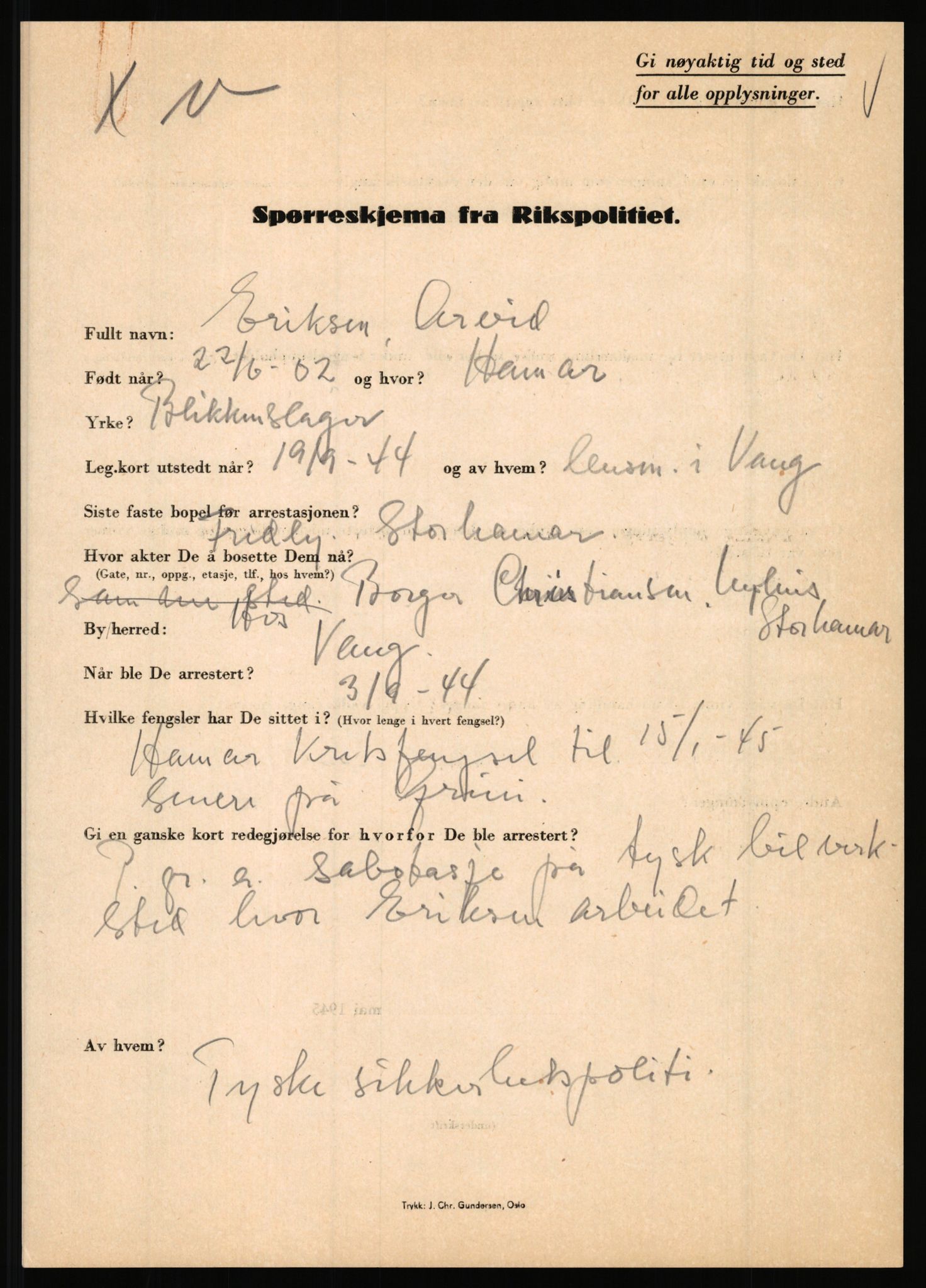 Rikspolitisjefen, AV/RA-S-1560/L/L0004: Eriksen, Alf - Geving, Øivind, 1940-1945, p. 13
