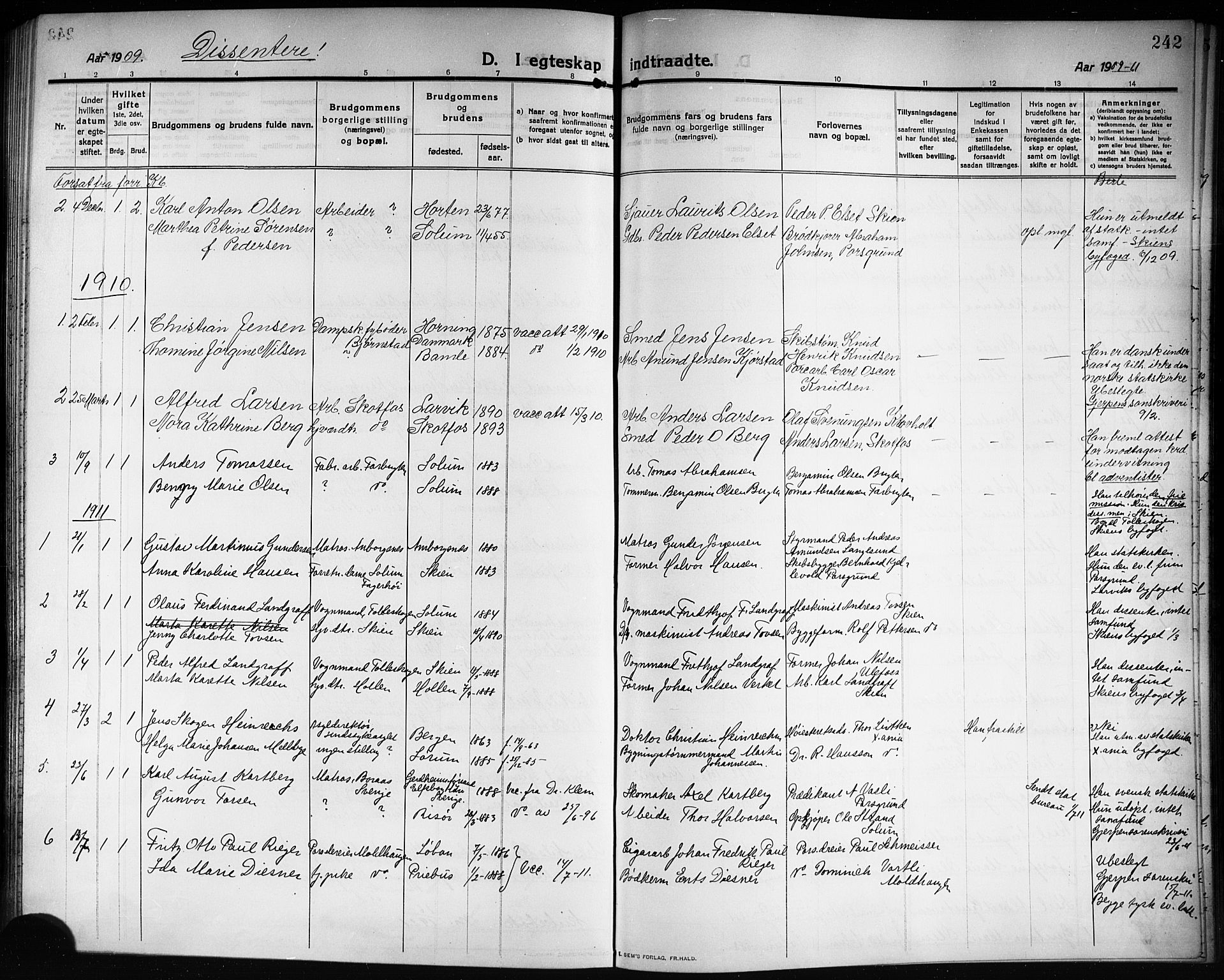 Solum kirkebøker, AV/SAKO-A-306/G/Ga/L0009: Parish register (copy) no. I 9, 1909-1922, p. 242