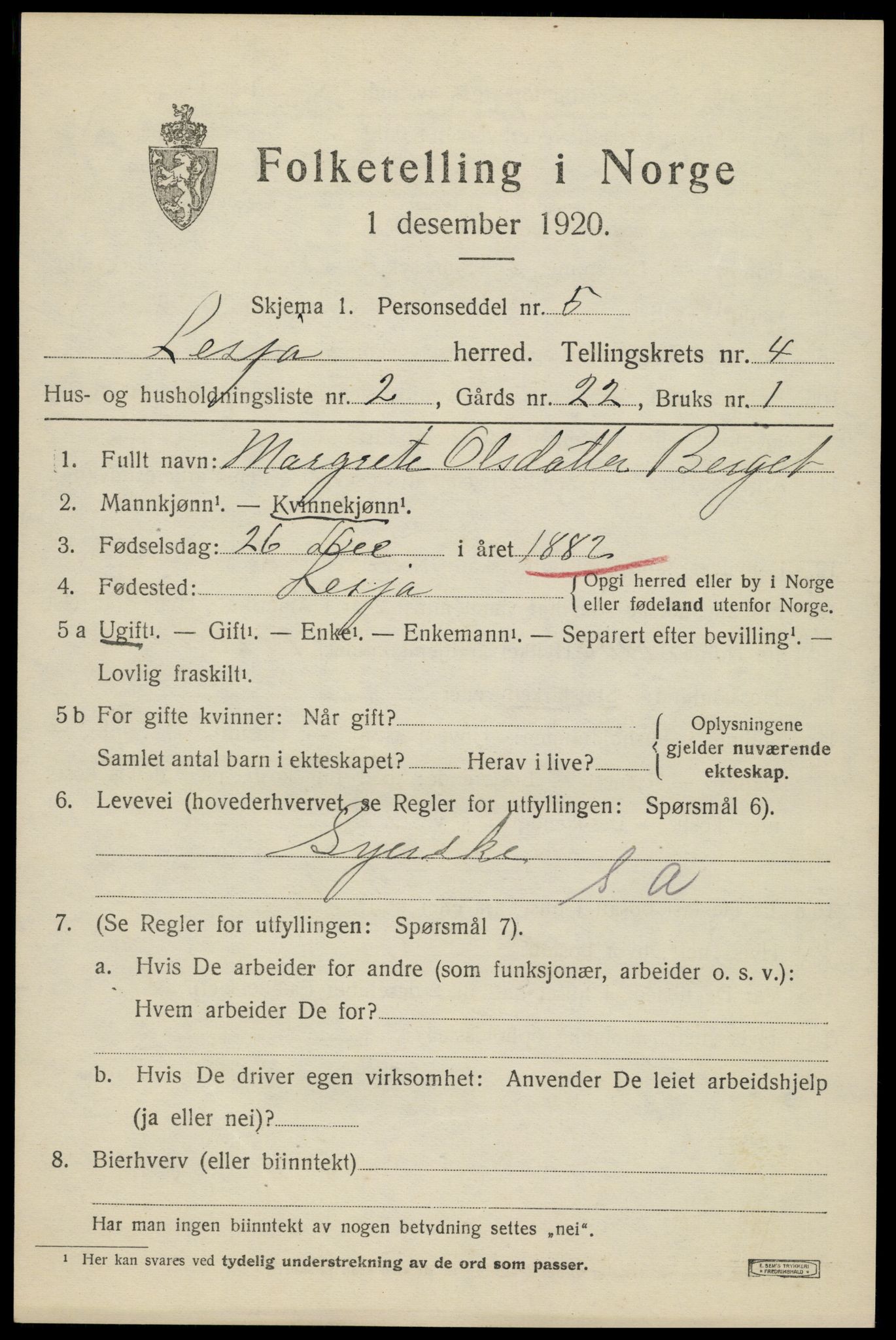 SAH, 1920 census for Lesja, 1920, p. 2540