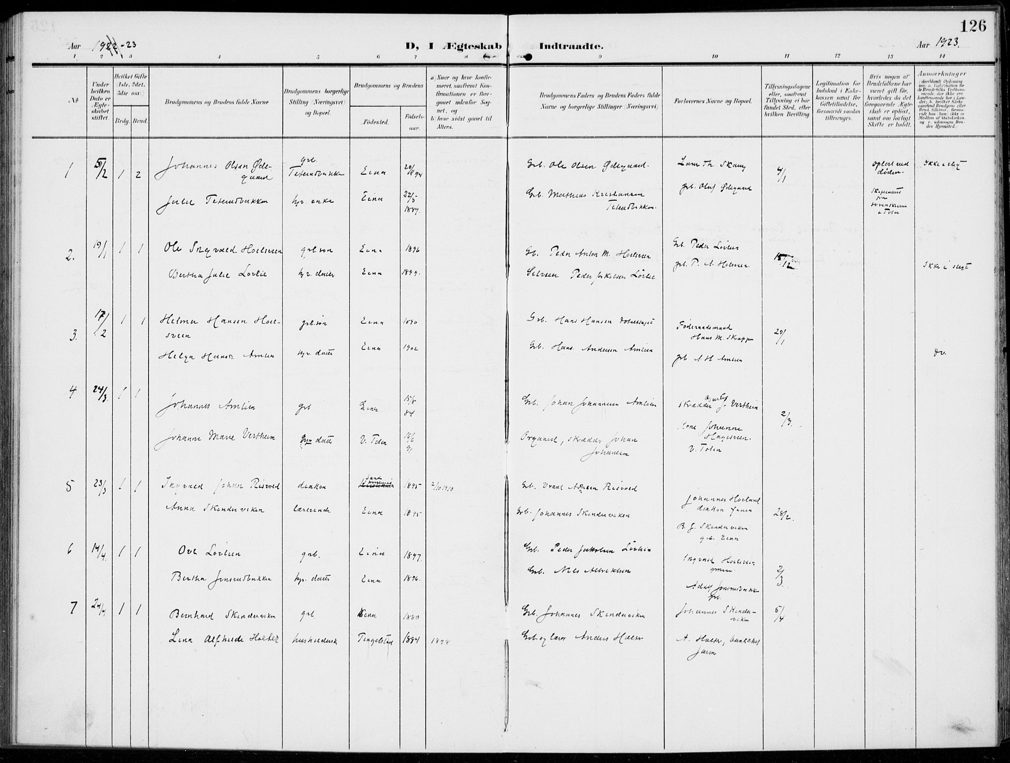 Kolbu prestekontor, SAH/PREST-110/H/Ha/Haa/L0001: Parish register (official) no. 1, 1907-1923, p. 126