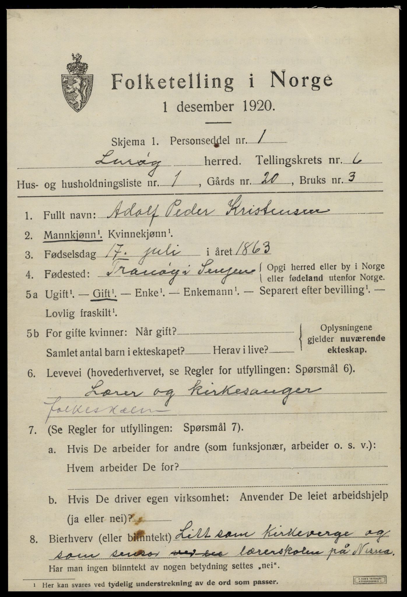 SAT, 1920 census for Lurøy, 1920, p. 3073