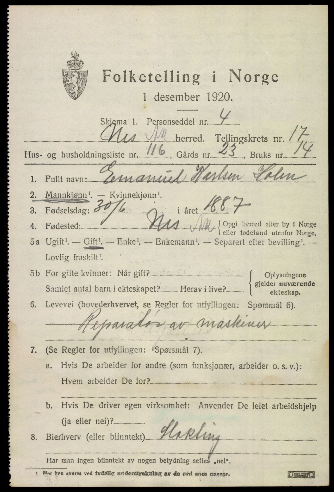 SAO, 1920 census for Nes, 1920, p. 17720
