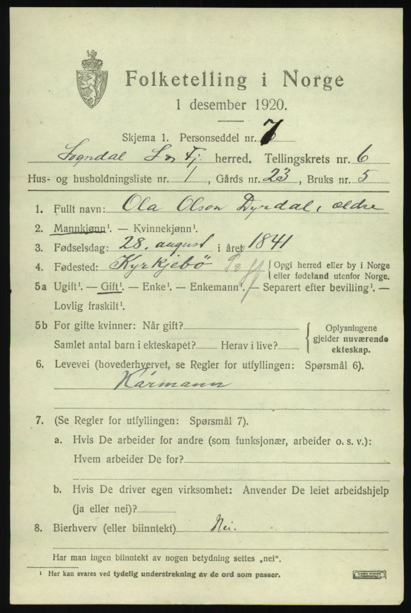 SAB, 1920 census for Sogndal, 1920, p. 2951