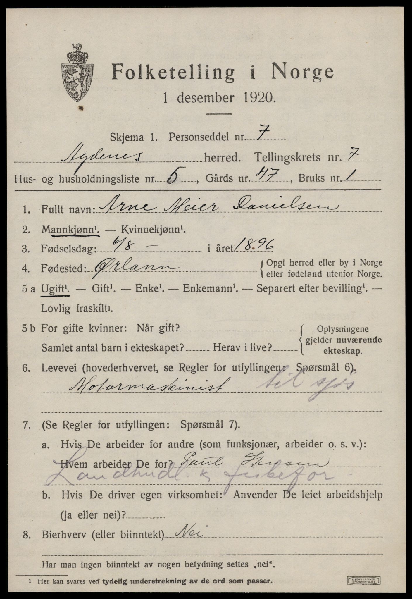 SAT, 1920 census for Agdenes, 1920, p. 2721