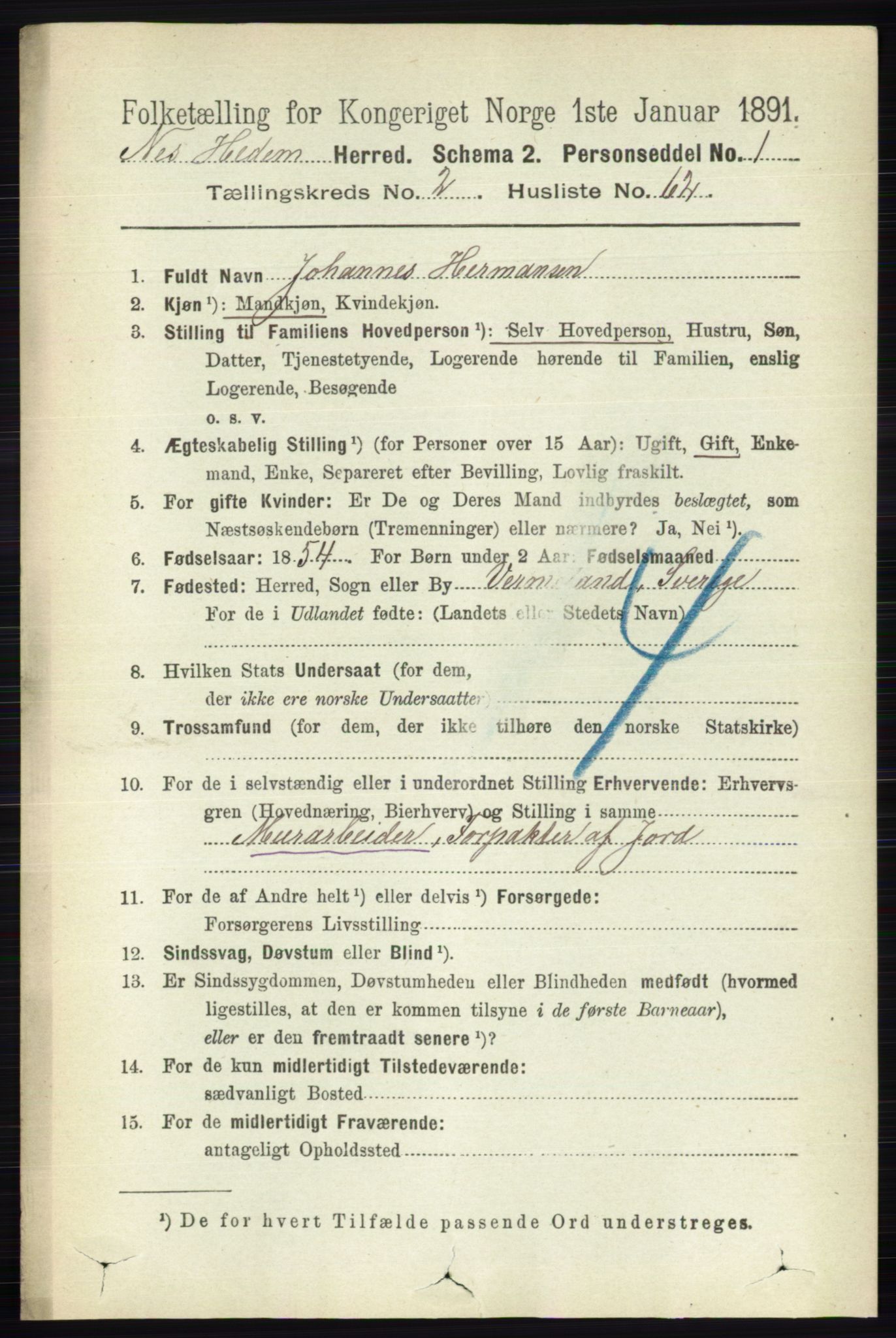 RA, 1891 census for 0411 Nes, 1891, p. 1499