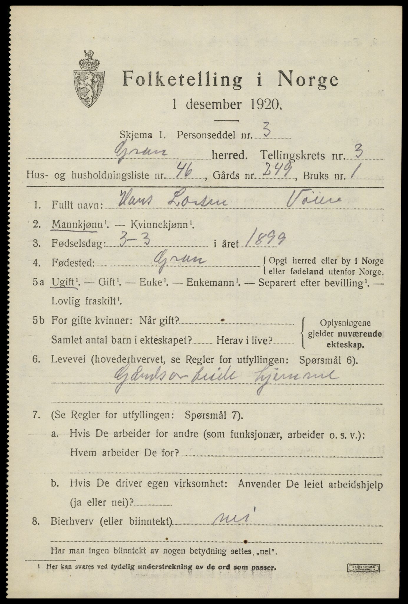 SAH, 1920 census for Gran, 1920, p. 5748