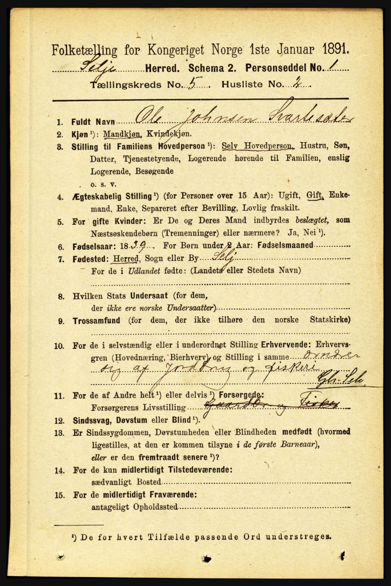 RA, 1891 census for 1441 Selje, 1891, p. 1403