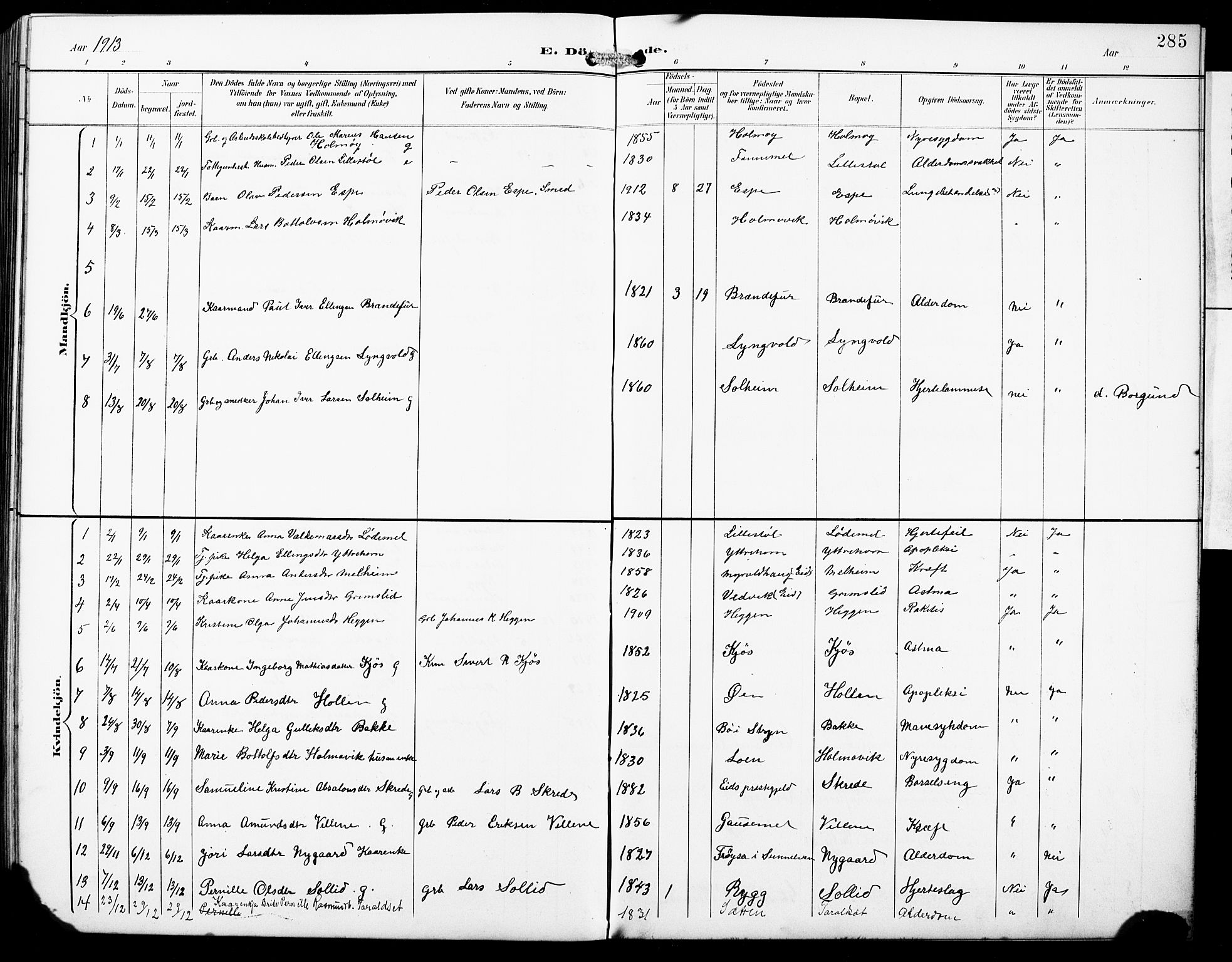 Hornindal sokneprestembete, SAB/A-82401/H/Hab: Parish register (copy) no. A 2, 1894-1927, p. 285