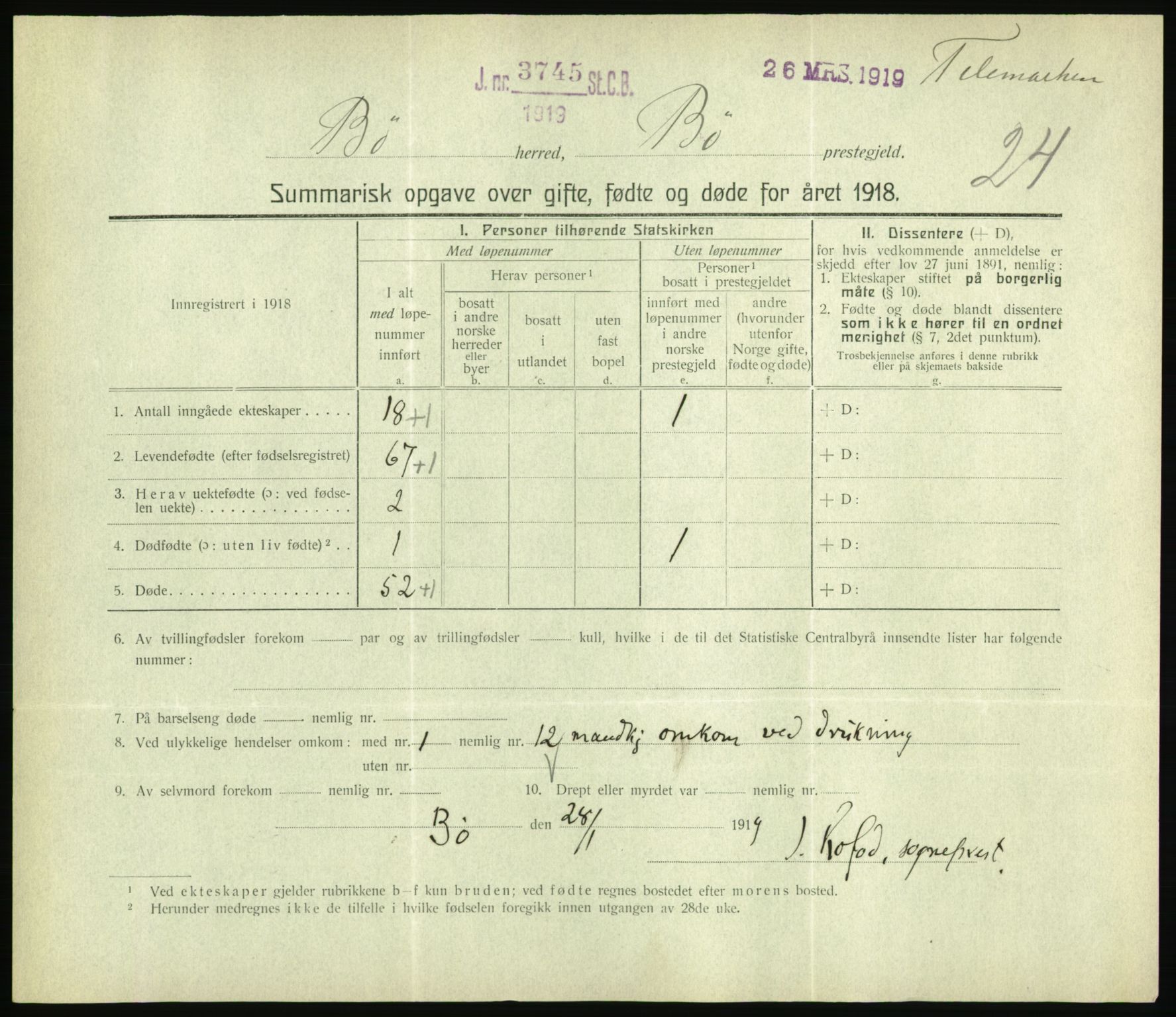 Statistisk sentralbyrå, Sosiodemografiske emner, Befolkning, AV/RA-S-2228/D/Df/Dfb/Dfbh/L0059: Summariske oppgaver over gifte, fødte og døde for hele landet., 1918, p. 551